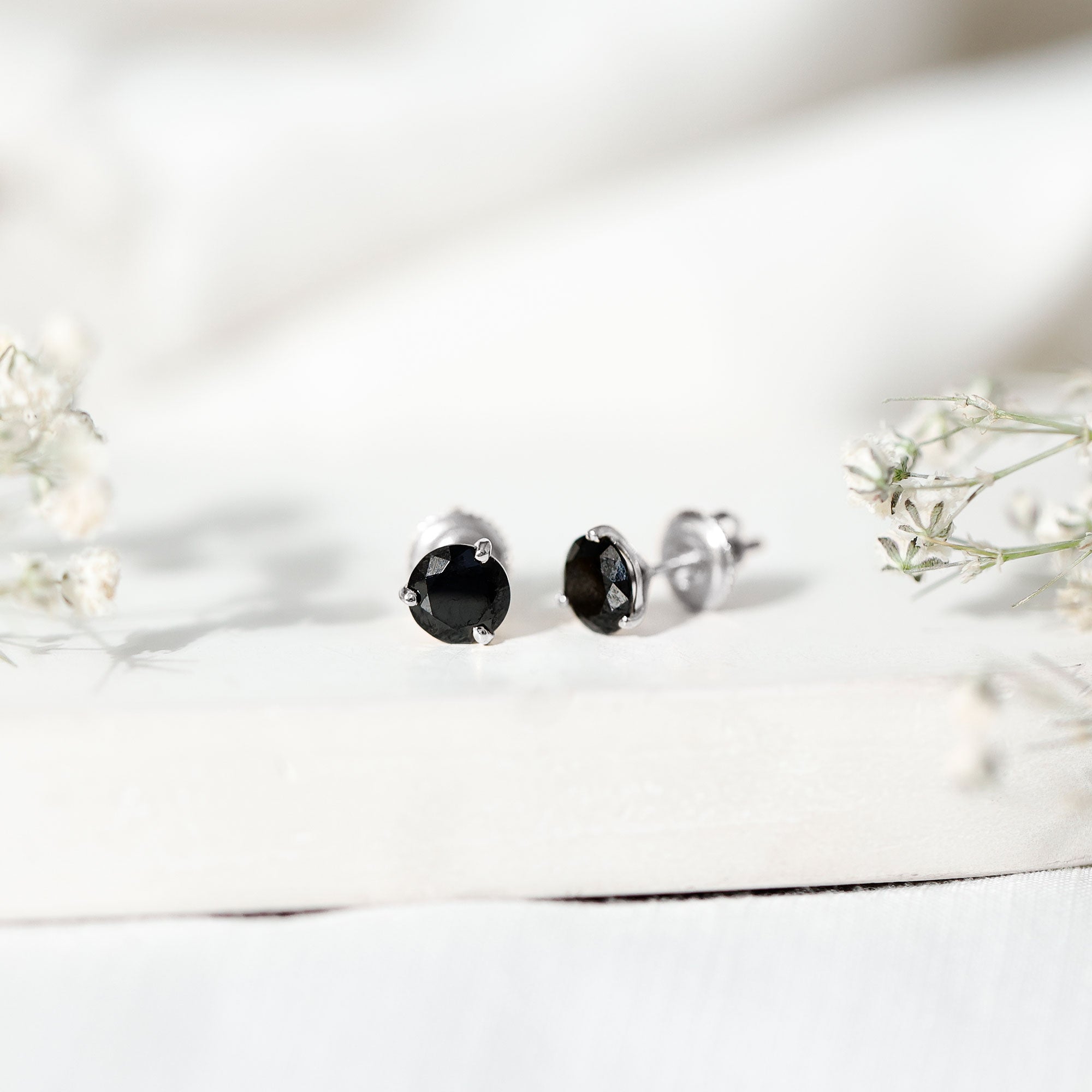 Lab Created Black Diamond Solitaire Stud Earrings with Screw Back AAAA ( Synthetic ) 18K White Gold - Rosec Jewels