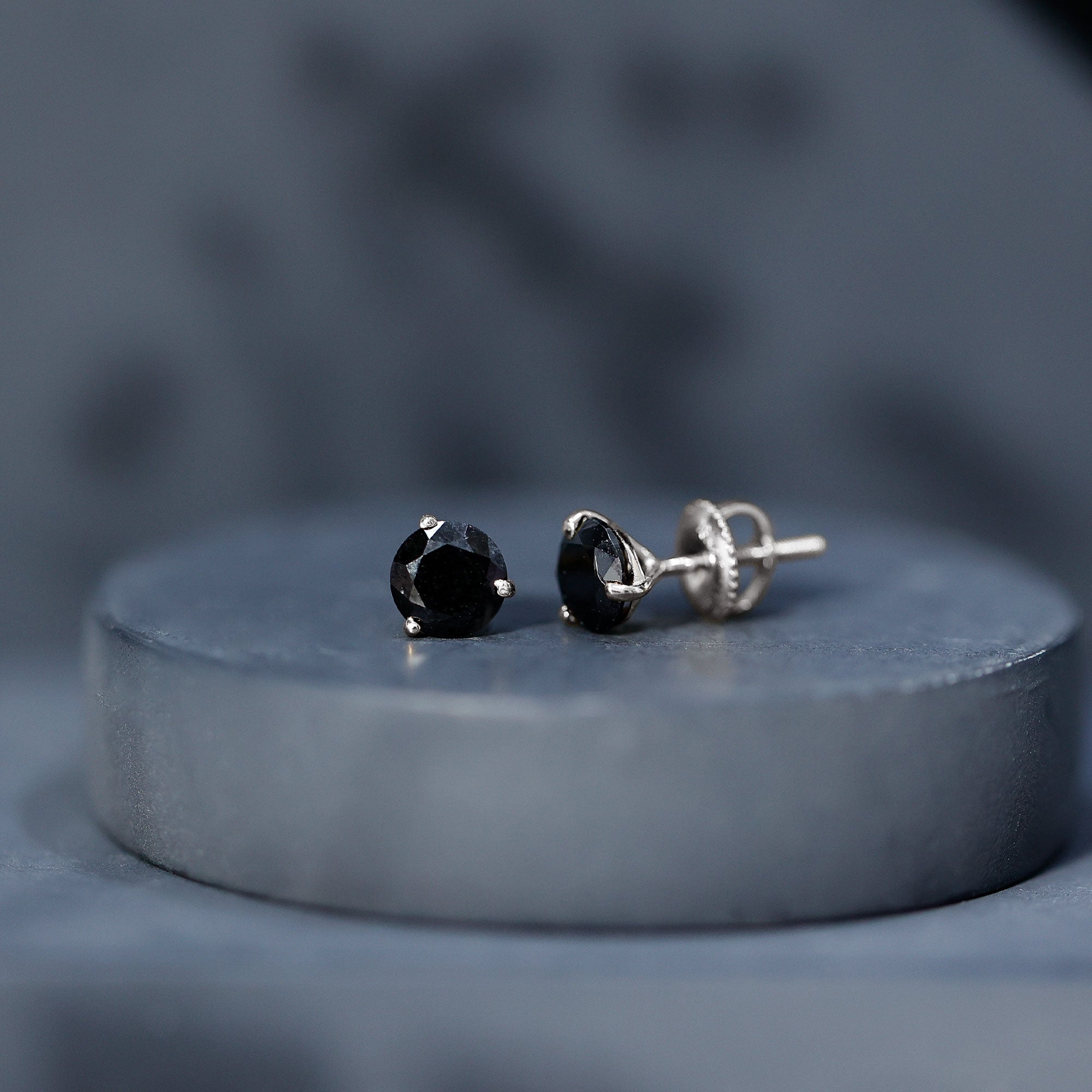 Lab Created Black Diamond Solitaire Stud Earrings with Screw Back AAAA ( Synthetic ) 18K White Gold - Rosec Jewels