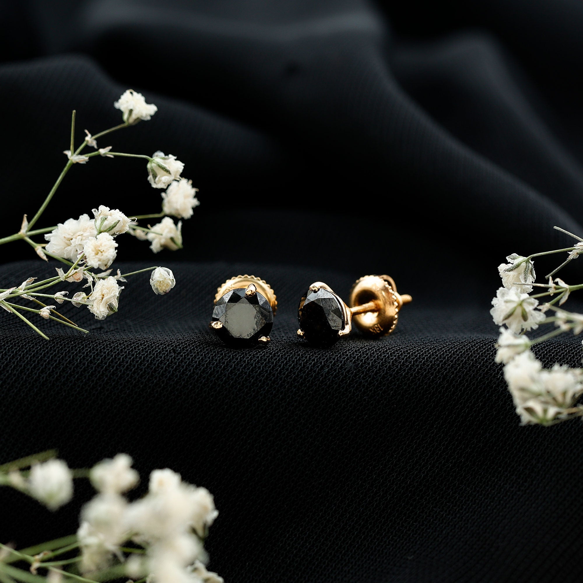Lab Created Black Diamond Solitaire Stud Earrings with Screw Back AAAA ( Synthetic ) 18K Yellow Gold - Rosec Jewels