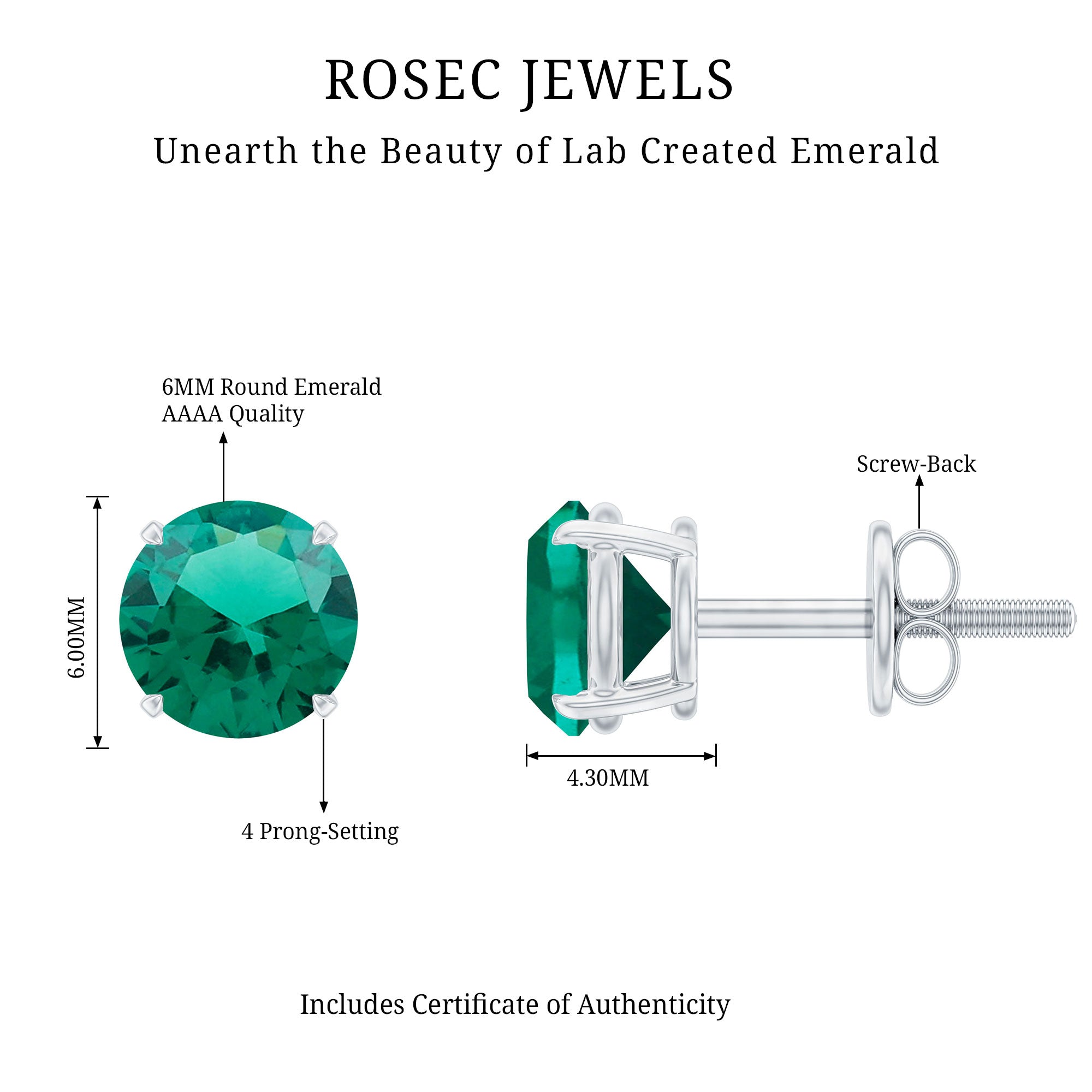 Round Shape Lab Grown Emerald Solitaire Stud Earrings – Rosec Jewels