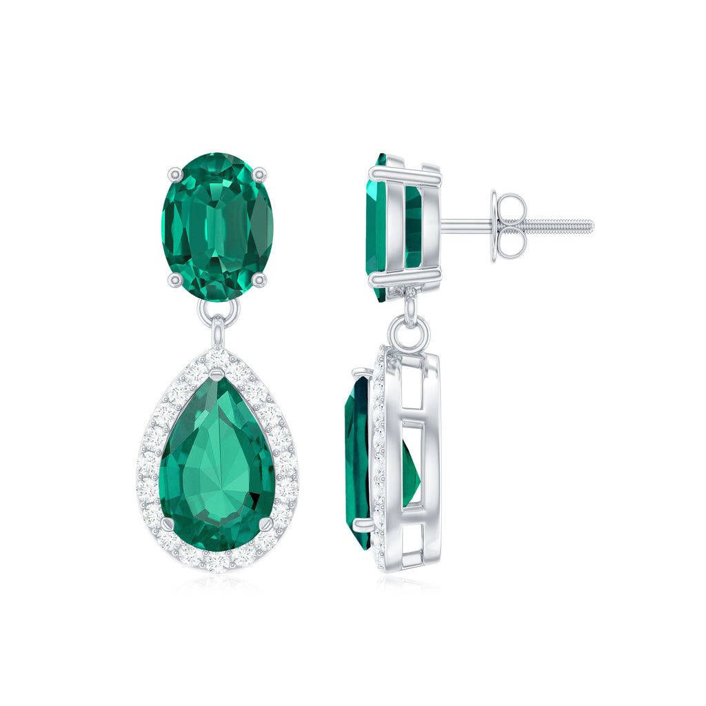 4.25 CT Created Emerald Classic Silver Dangle Earrings with Zircon - Rosec Jewels