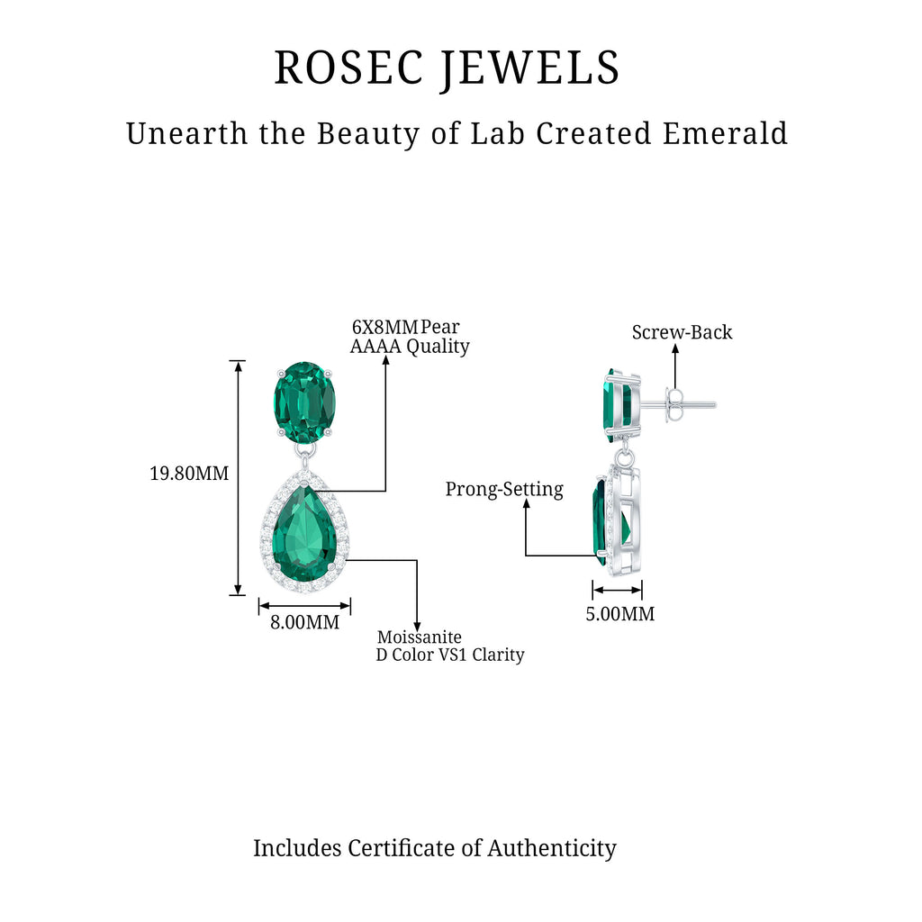 4.25 CT Created Emerald Classic Silver Dangle Earrings with Zircon - Rosec Jewels