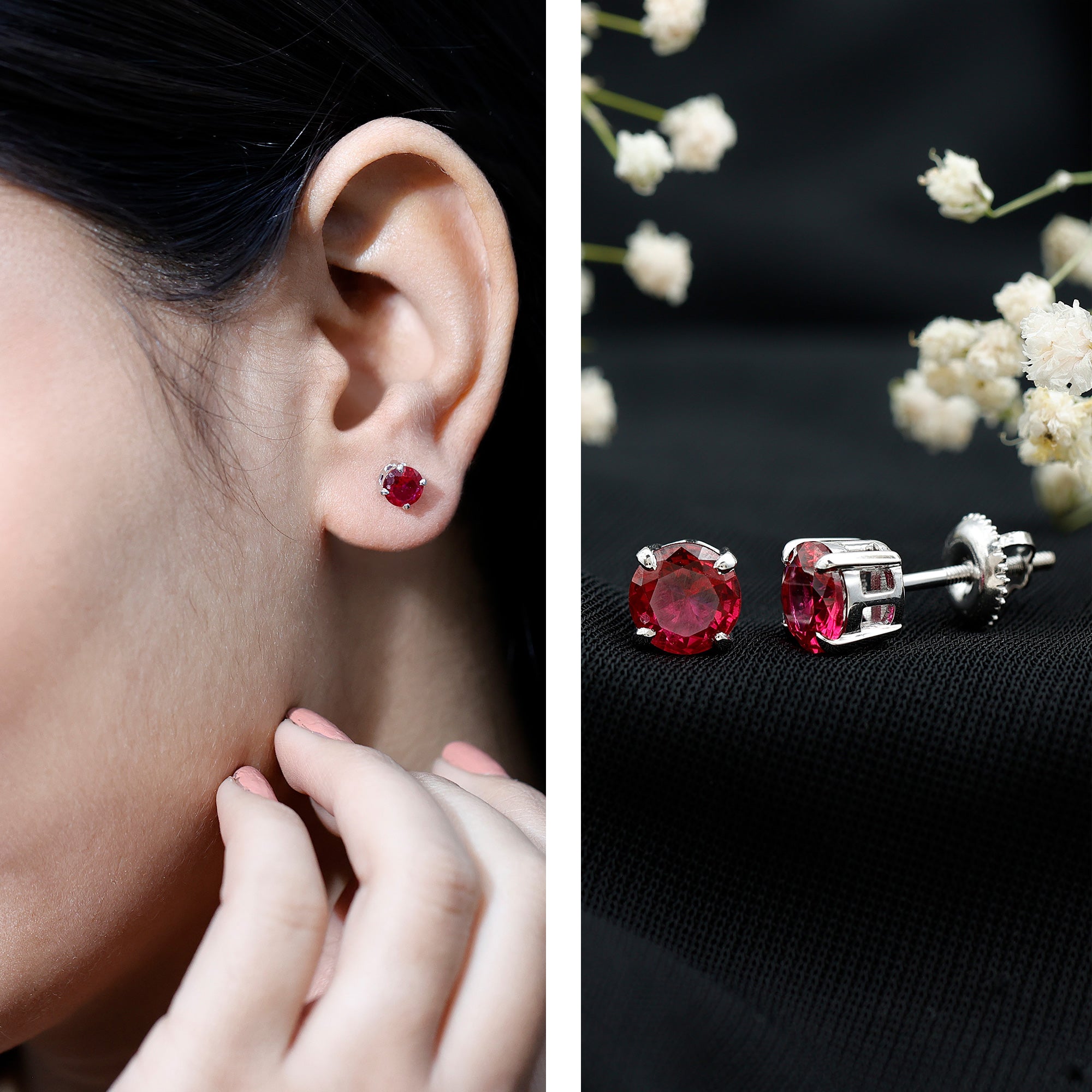 6 MM Round Cut Solitaire Lab Created Ruby Stud Earring for women AAAA - Rosec Jewels