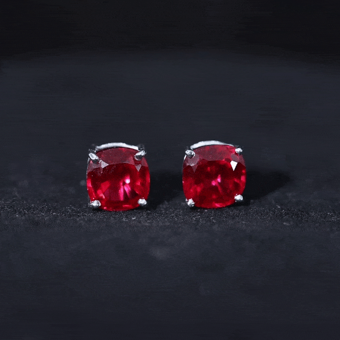 8 MM Cushion Cut Created Ruby Solitaire Stud Earrings Lab Created Ruby - ( AAAA ) - Quality - Rosec Jewels