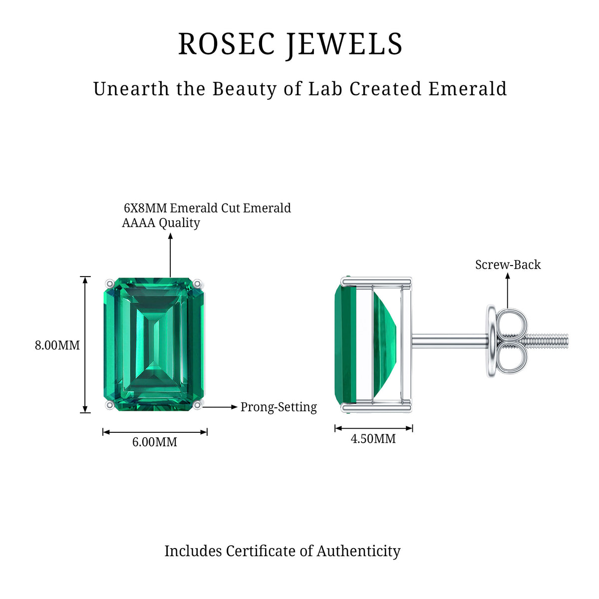 3.3 Carat Emerald Cut Lab Grown Emerald Solitaire Stud Earrings AAAA - Rosec Jewels