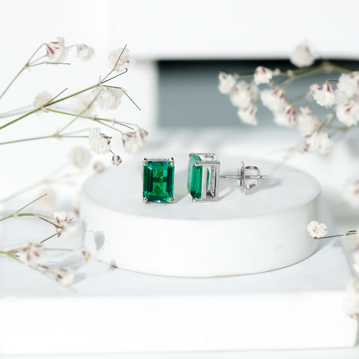 3.3 Carat Emerald Cut Lab Grown Emerald Solitaire Stud Earrings AAAA - Rosec Jewels