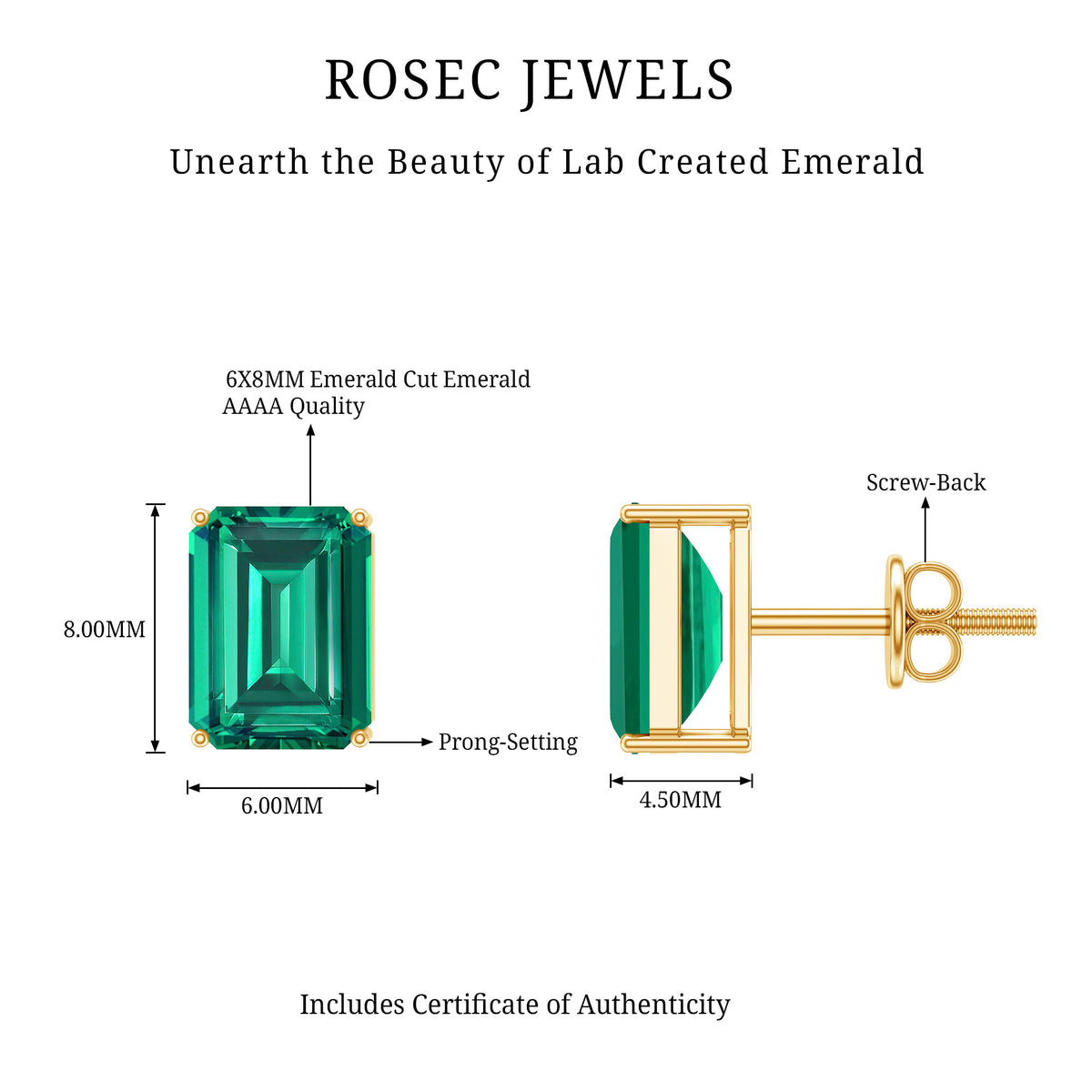 3.3 Carat Emerald Cut Lab Grown Emerald Solitaire Stud Earrings AAAA - Rosec Jewels