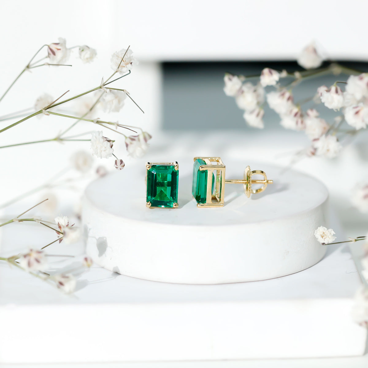 3.3 Carat Emerald Cut Lab Grown Emerald Solitaire Stud Earrings AAAA - Rosec Jewels