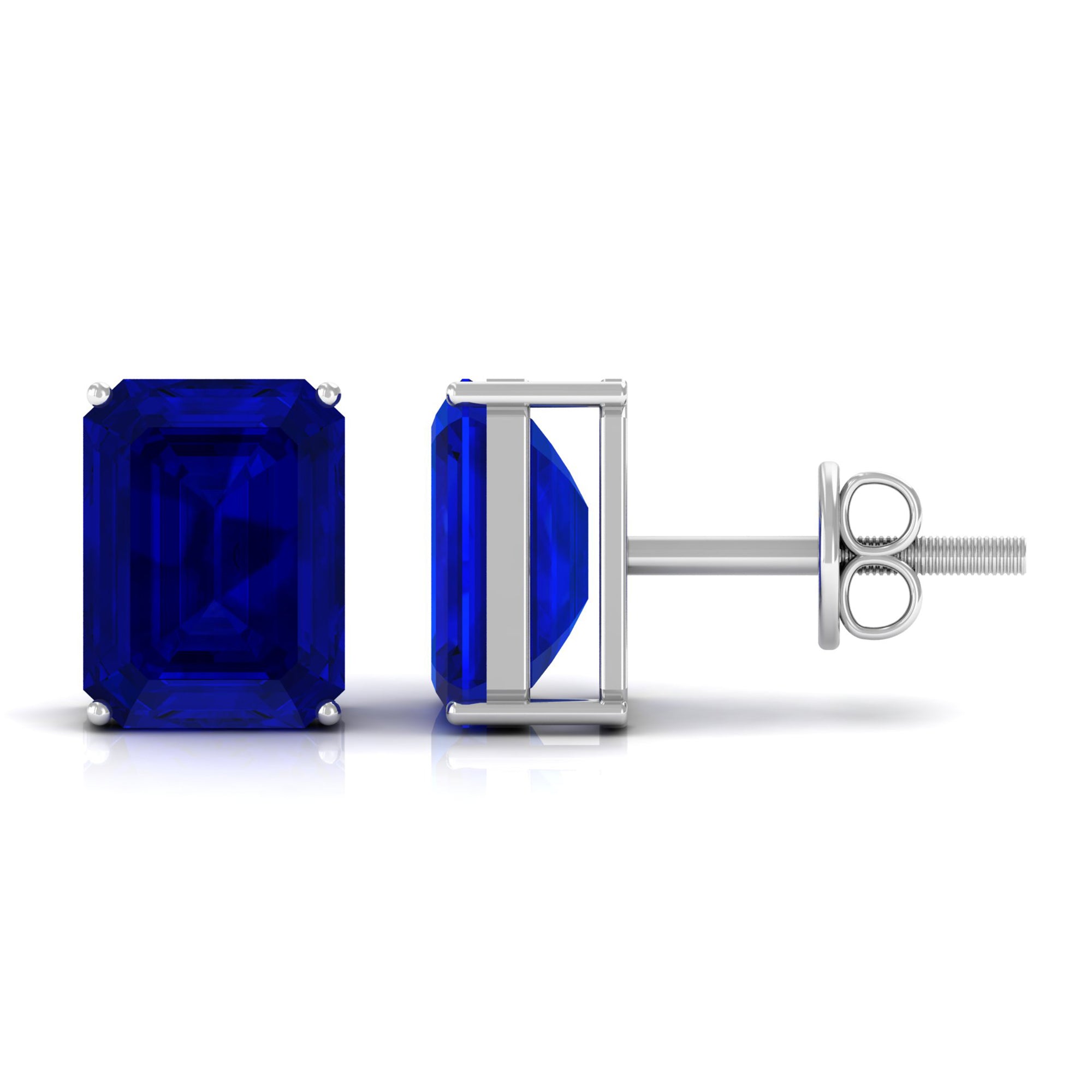 Emerald Cut Created Blue Sapphire Solitaire Stud Earrings Lab Created Blue Sapphire - ( AAAA ) - Quality - Rosec Jewels
