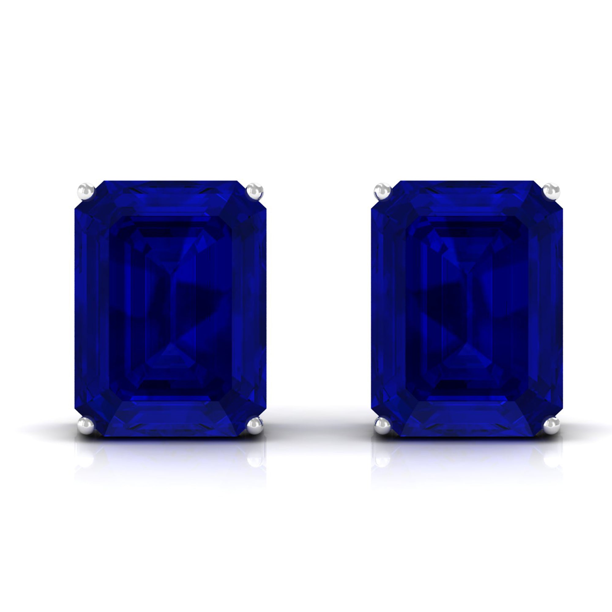 Emerald Cut Created Blue Sapphire Solitaire Stud Earrings Lab Created Blue Sapphire - ( AAAA ) - Quality - Rosec Jewels
