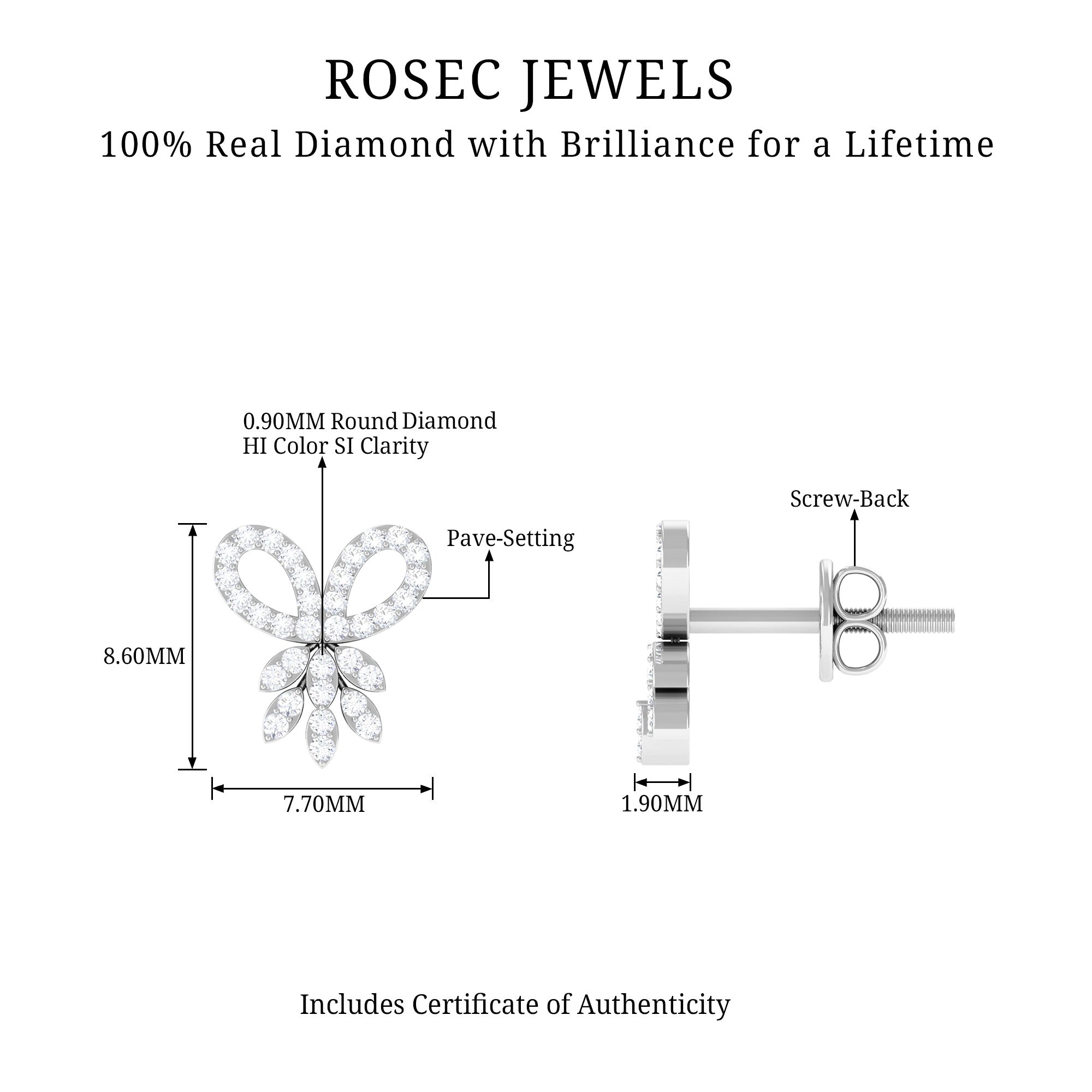 0.25 CT Minimal Diamond Bow Screw Back Stud Earrings Diamond - ( HI-SI ) - Color and Clarity - Rosec Jewels