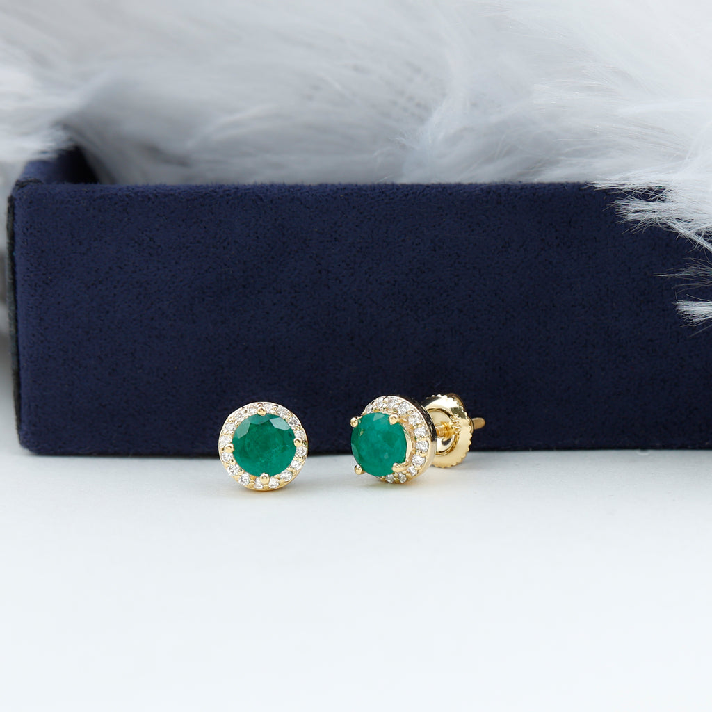 Halo Stud Earrings with Emerald and Diamond Emerald - ( AAA ) - Quality - Rosec Jewels