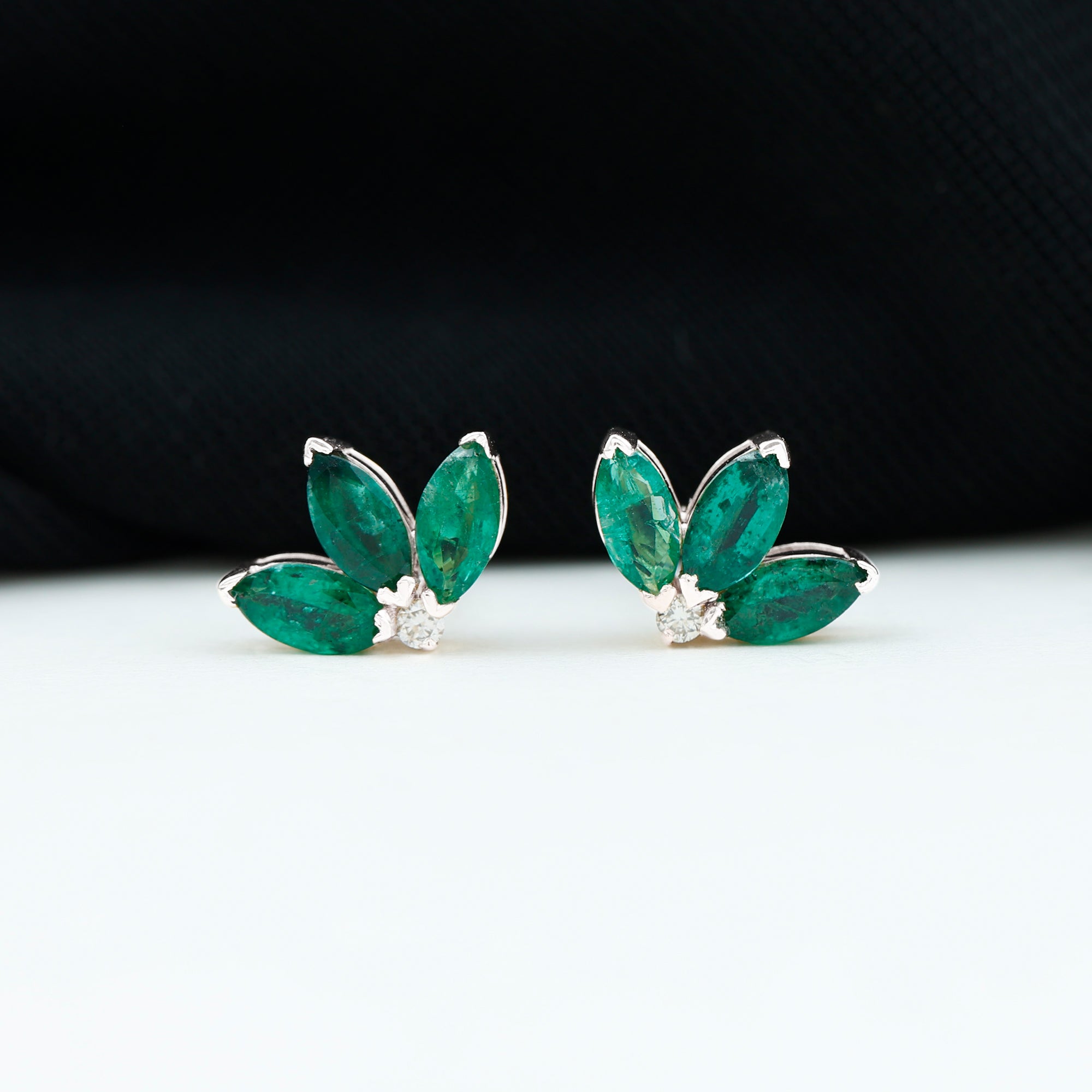 Half Flower Stud Earrings with Emerald and Diamond Emerald - ( AAA ) - Quality - Rosec Jewels