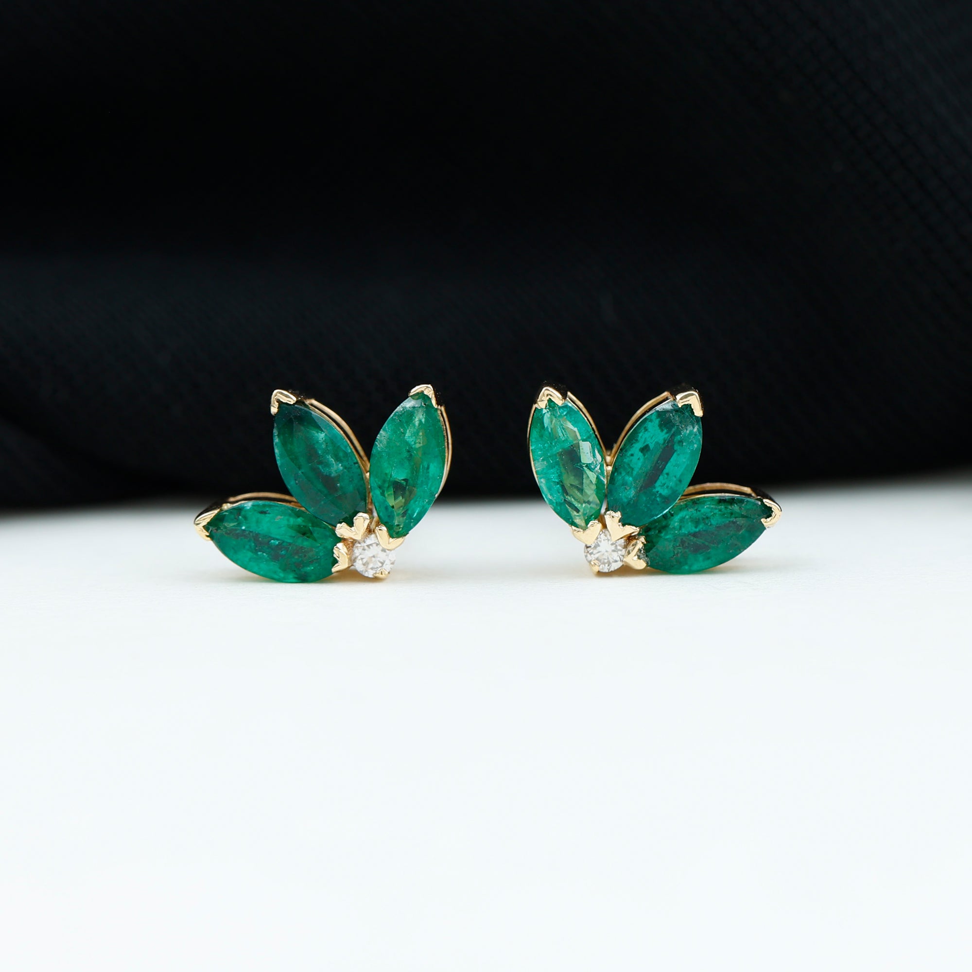 Half Flower Stud Earrings with Emerald and Diamond Emerald - ( AAA ) - Quality - Rosec Jewels