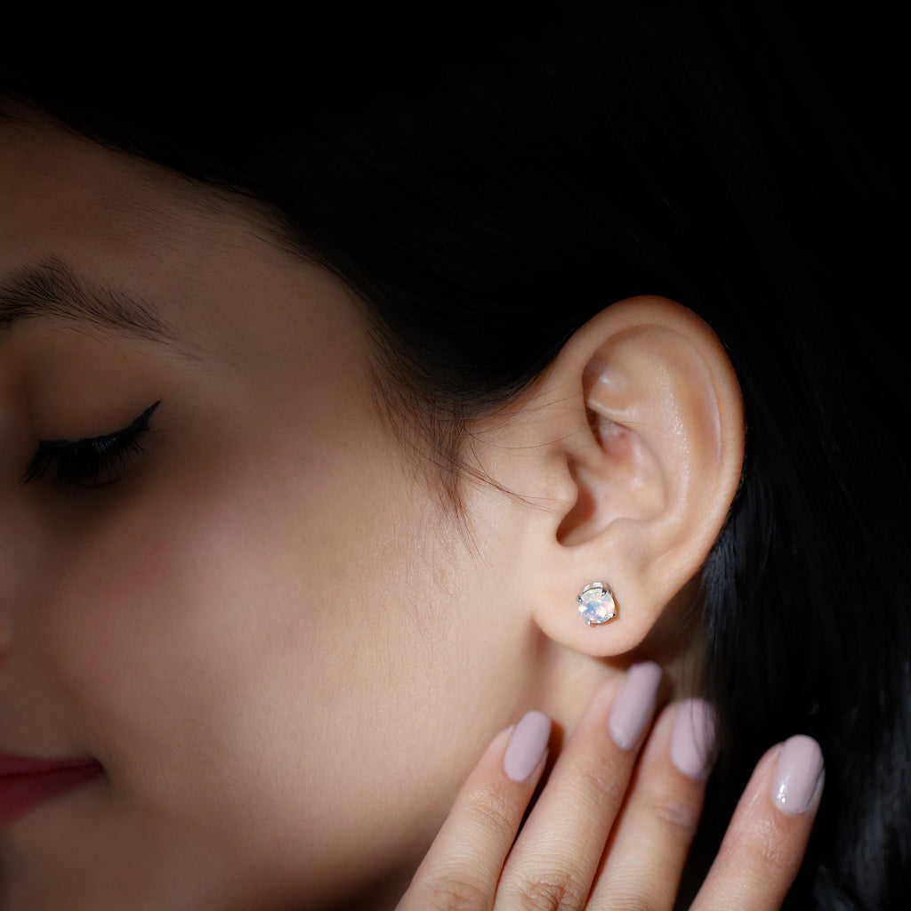 October Birthstone Ethiopian Opal Solitaire Stud Earring in Silver - Rosec Jewels