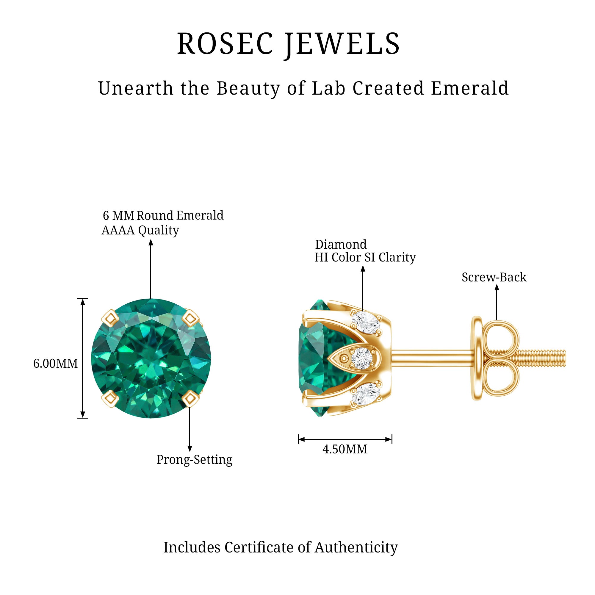 Round Lab Created Emerald Solitaire Stud Earrings with Diamonds AAAA - Rosec Jewels