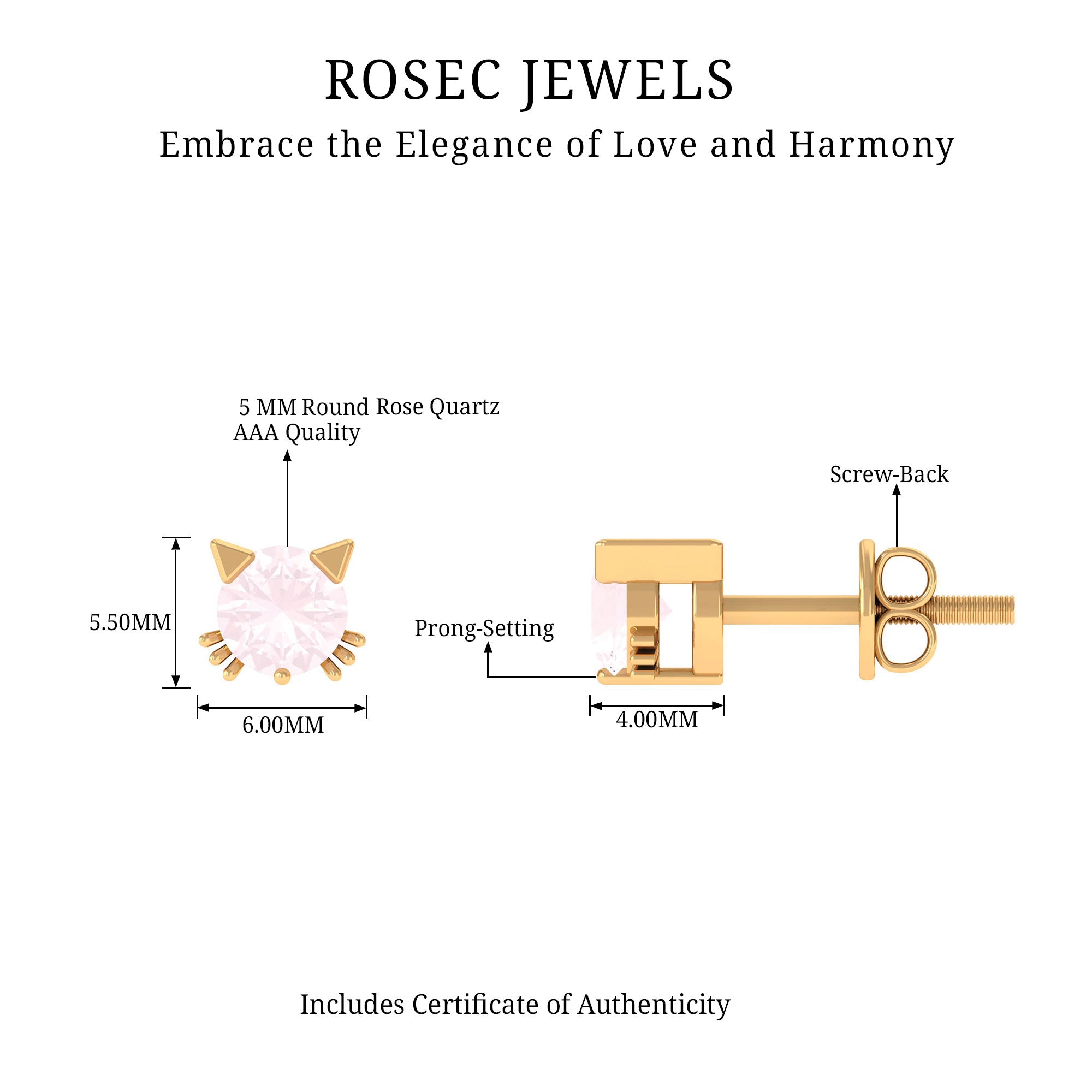 Rose Quartz Solitaire Cute Cat Stud Earrings Rose Quartz - ( AAA ) - Quality - Rosec Jewels