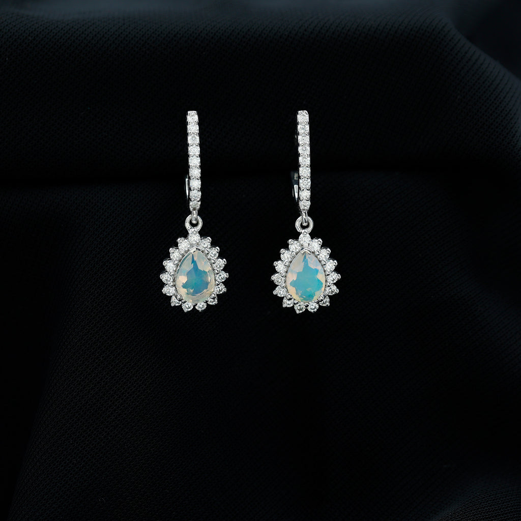 Rosec Jewels - 2.75 CT Ethiopian Opal Bridal Teardrop Silver Hoop Earrings with Moissanite Accent