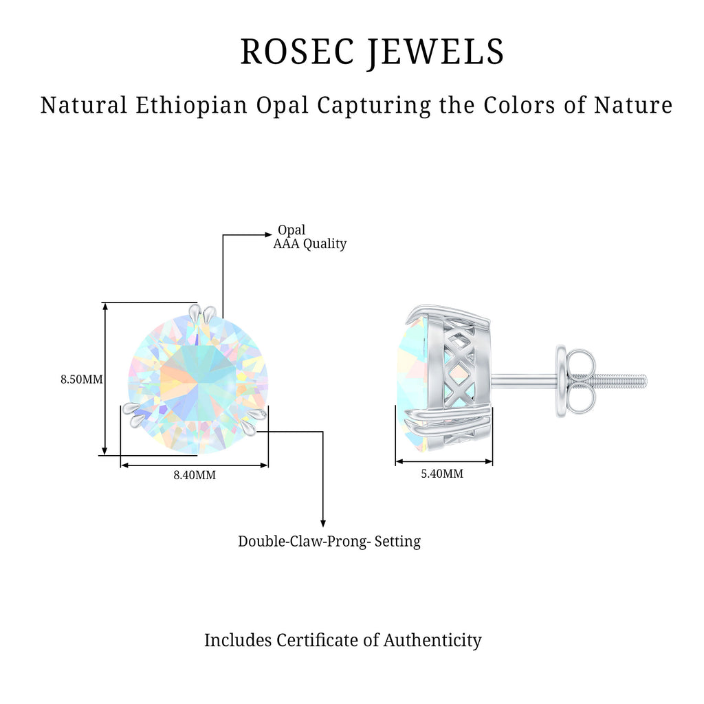 8 MM Ethiopian Opal Solitaire Silver Stud Earrings in Double Prong Setting - Rosec Jewels