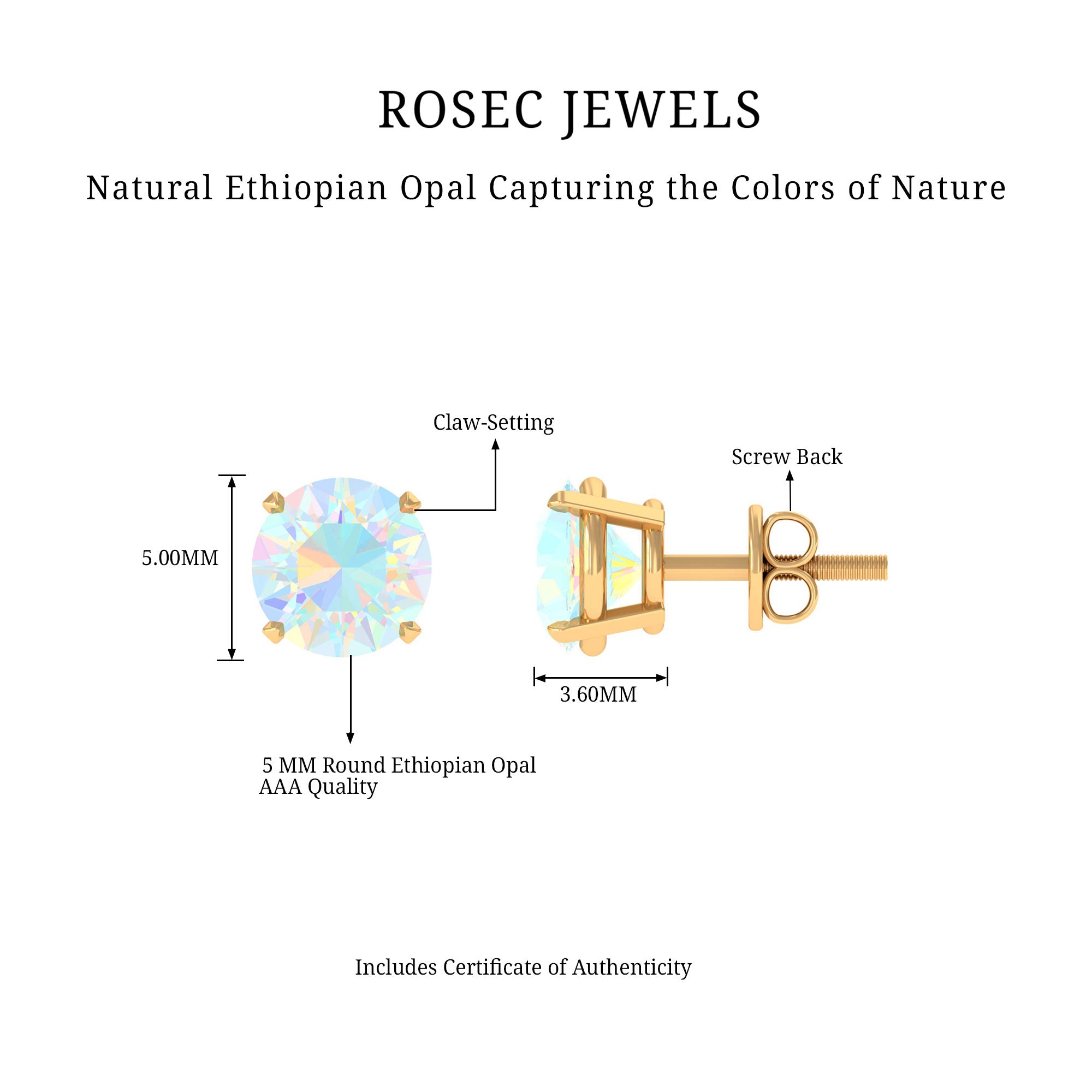 Real Ethiopian Opal Solitaire Stud Earrings Ethiopian Opal - ( AAA ) - Quality - Rosec Jewels