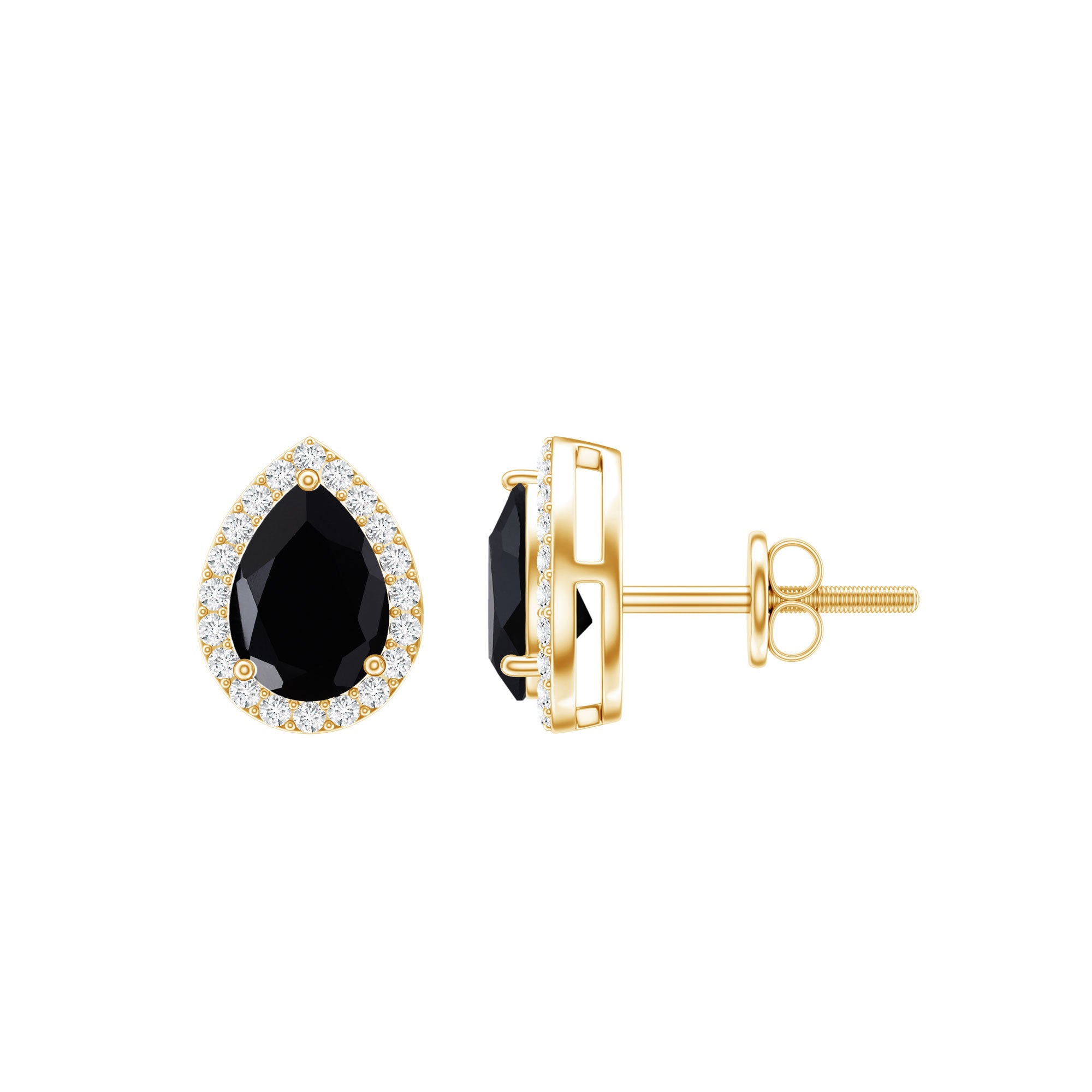 2 Carat Pear Cut Black Onyx and Diamond Halo Stud Earrings AAA - Rosec Jewels