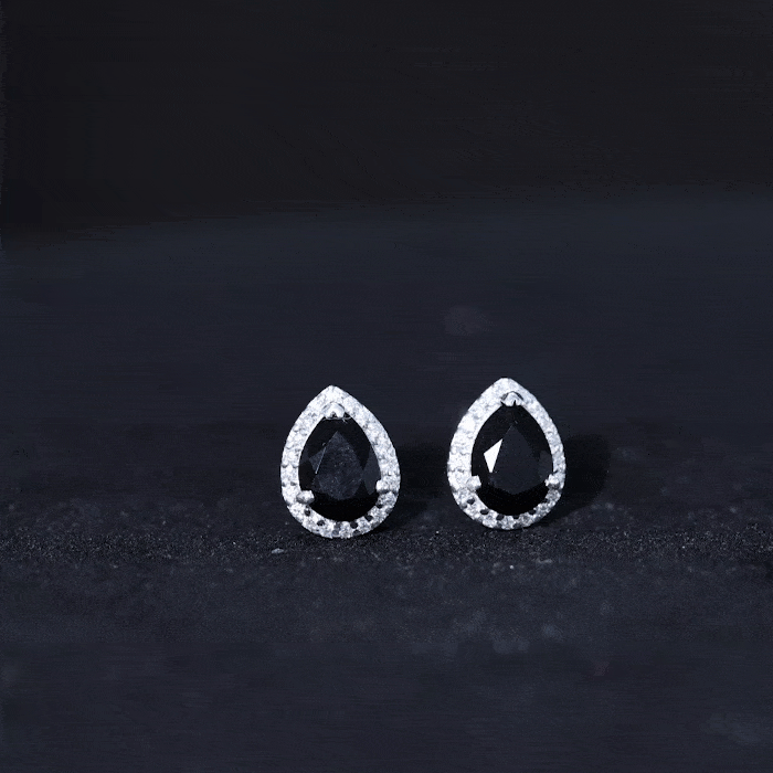 Lab Created Black Diamond Teardrop Stud Earrings with Diamond Halo AAAA ( Synthetic ) - Rosec Jewels