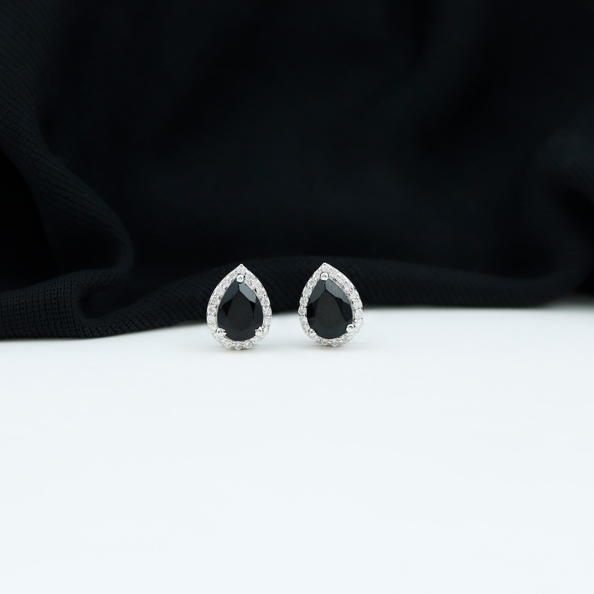 1.75 CT Pear Cut Created Black Diamond Halo Stud Earrings with White Diamond Lab Created Black Diamond - ( AAAA ) - Quality - Rosec Jewels