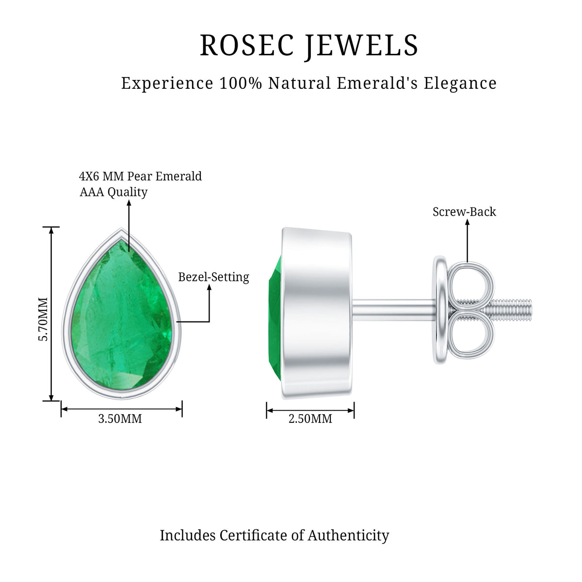 Genuine Emerald Teardrop Stud Earrings in Bezel Setting AAA - Rosec Jewels