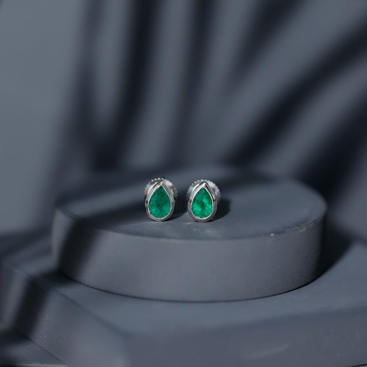 Genuine Emerald Teardrop Stud Earrings in Bezel Setting AAA - Rosec Jewels