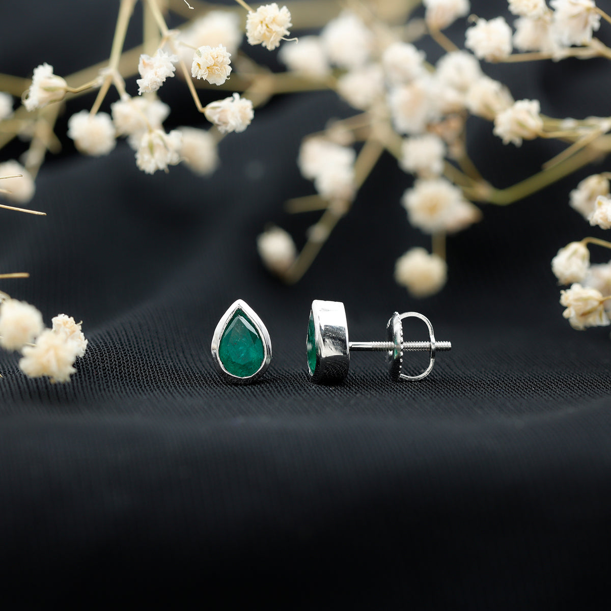 Genuine Emerald Teardrop Stud Earrings in Bezel Setting AAA - Rosec Jewels