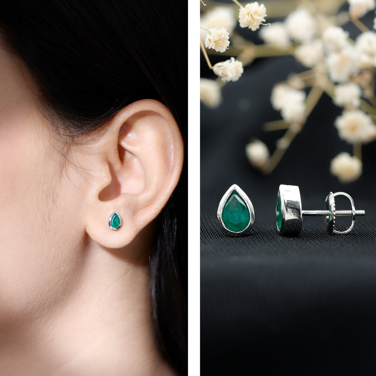 Genuine Emerald Teardrop Stud Earrings in Bezel Setting AAA - Rosec Jewels