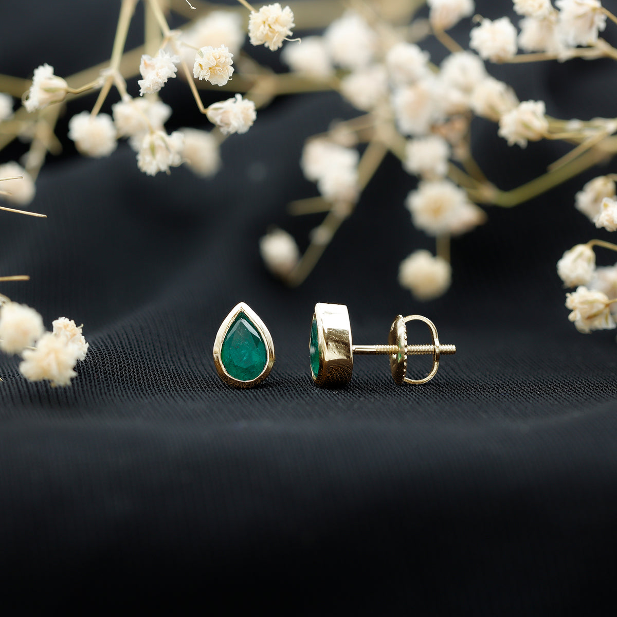 Genuine Emerald Teardrop Stud Earrings in Bezel Setting AAA - Rosec Jewels