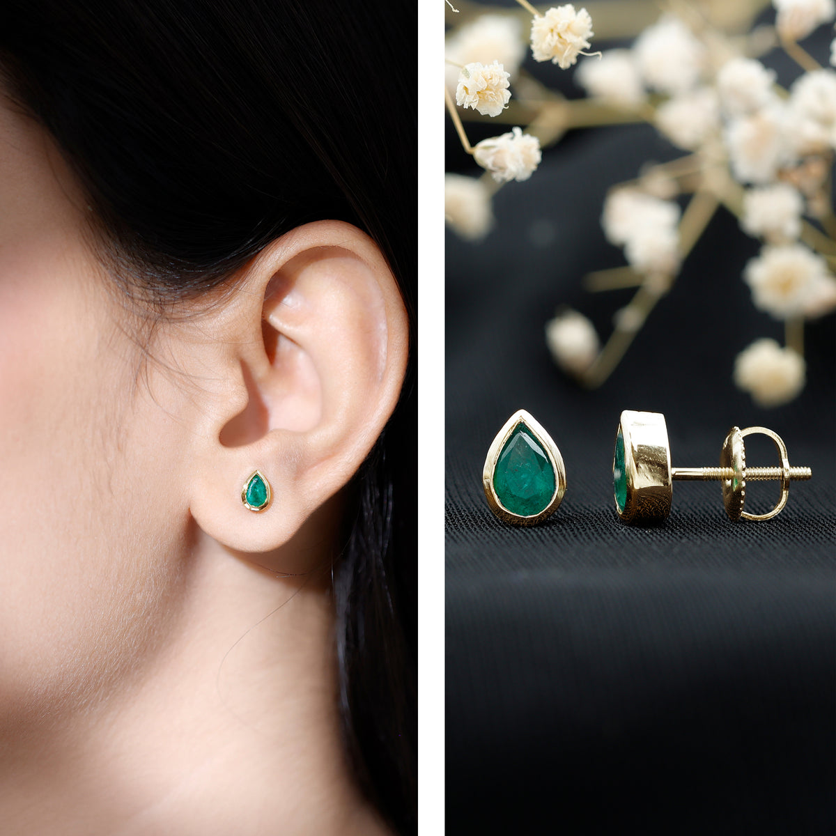 Genuine Emerald Teardrop Stud Earrings in Bezel Setting AAA - Rosec Jewels
