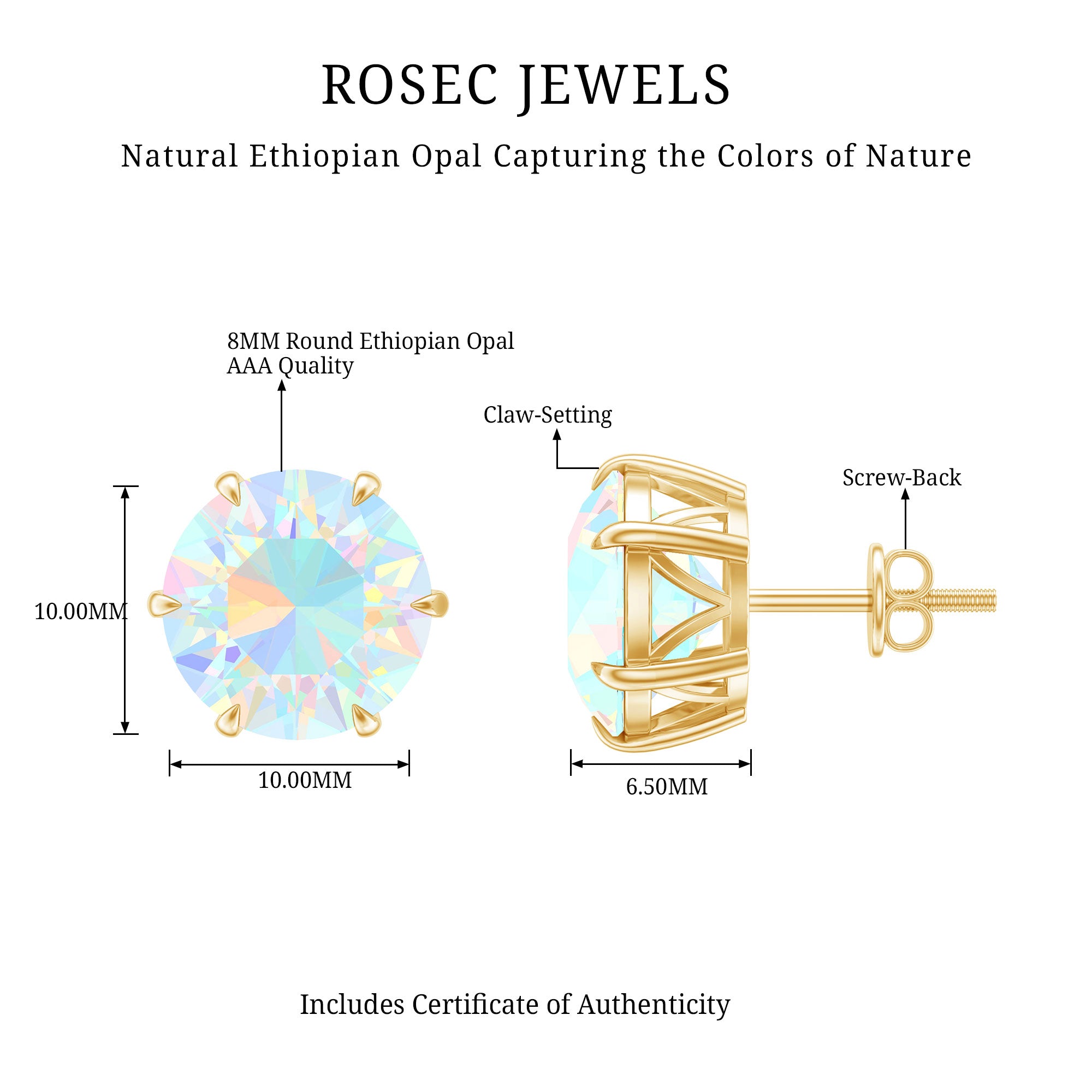 4 Carat Genuine Round Ethiopian Opal Solitaire Stud Earrings AAA - Rosec Jewels