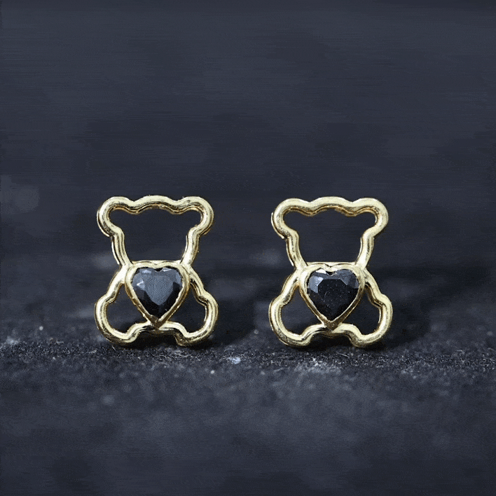 Heart Shape Lab Created Black Diamond Teddy Bear Stud Earrings AAAA ( Synthetic ) - Rosec Jewels