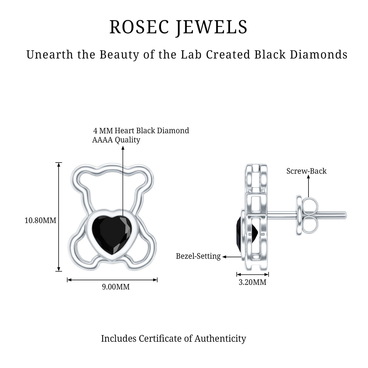 Heart Shape Lab Created Black Diamond Teddy Bear Stud Earrings AAAA ( Synthetic ) - Rosec Jewels