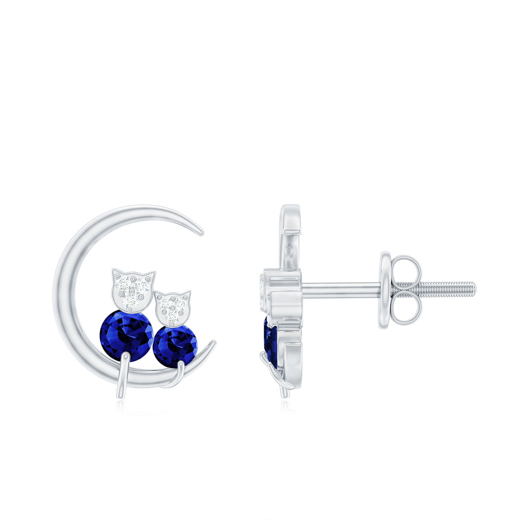 Lab Grown Blue Sapphire and Diamond Cat and Moon Stud Earrings Lab Created Blue Sapphire - ( AAAA ) - Quality - Rosec Jewels