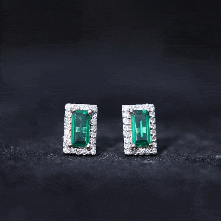 1 CT Baguette Cut Created Emerald Stud Earrings with Diamond Halo Lab Created Emerald - ( AAAA ) - Quality - Rosec Jewels