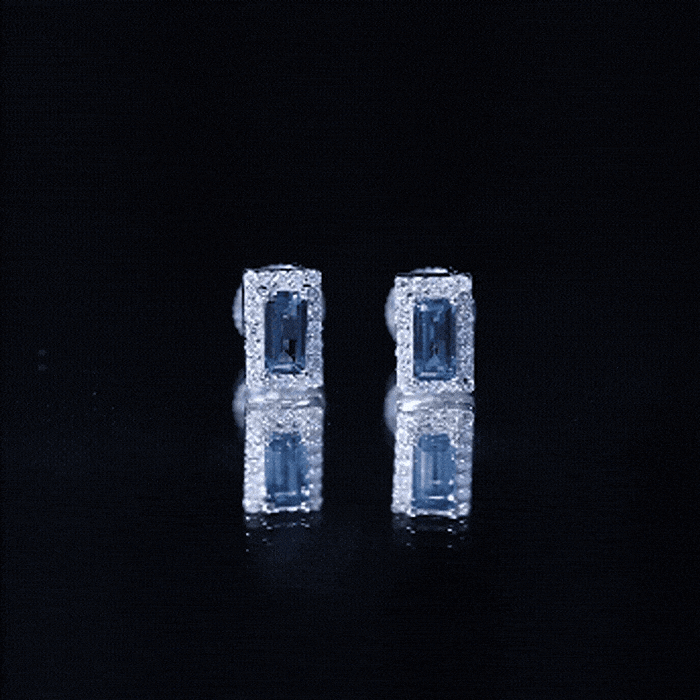 Natural Half Carat Baguette London Blue Topaz Stud Earrings with Diamond Halo AAA 92.5 Sterling Silver - Rosec Jewels