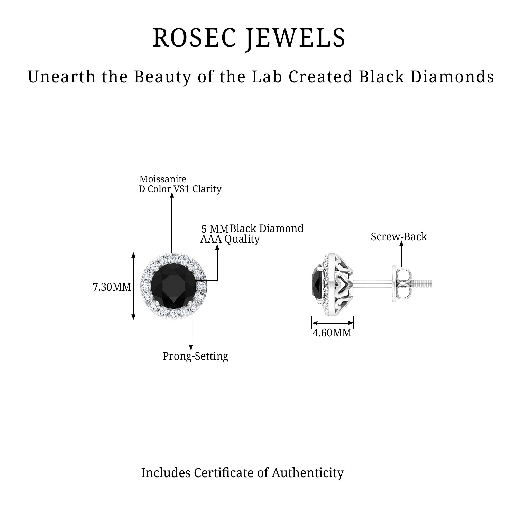 2 CT Created Black Diamond and Moissanite Halo Stud Earrings in Prong Setting Lab Created Black Diamond - ( AAAA ) - Quality - Rosec Jewels