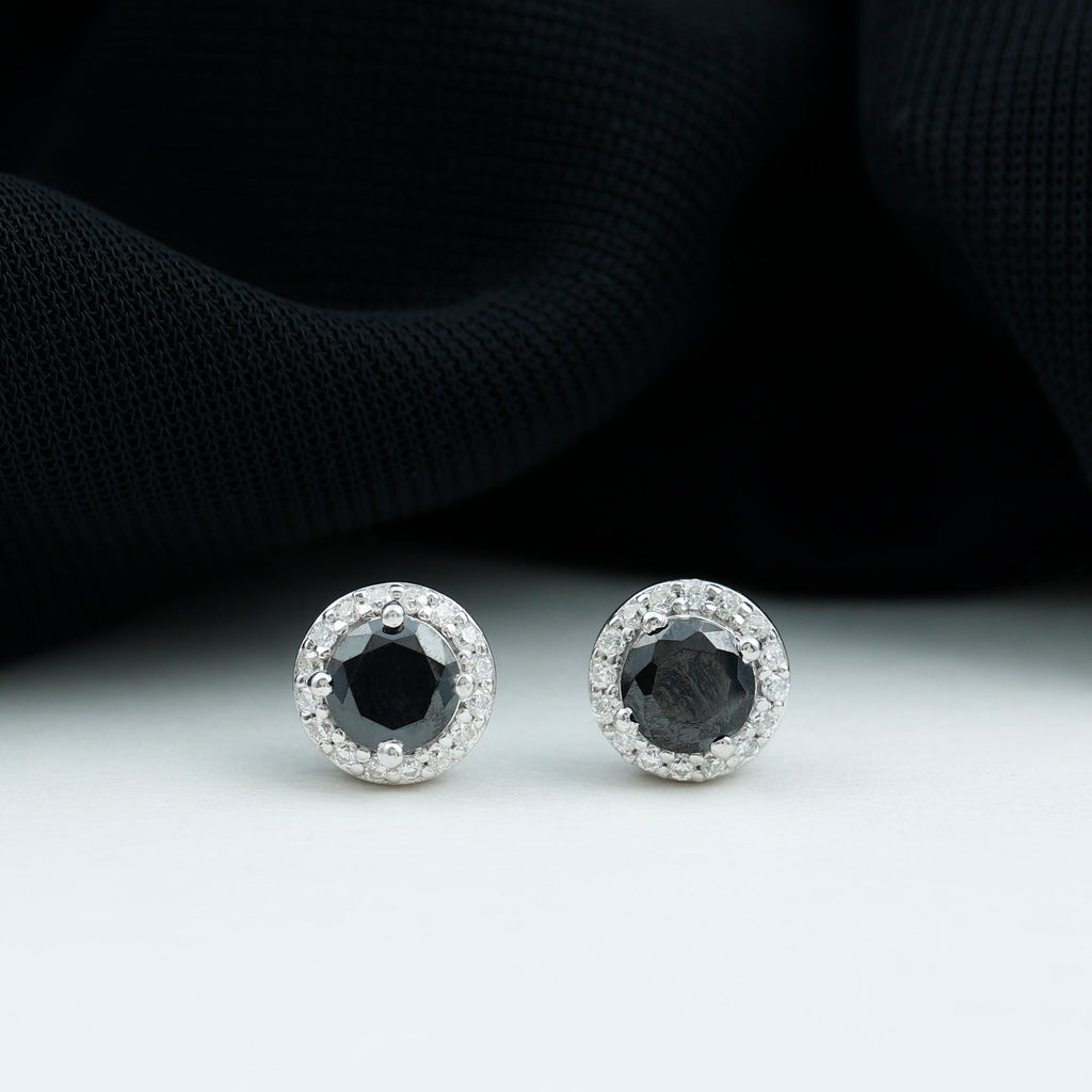 Rosec Jewels - 2 CT Created Black Diamond and Moissanite Silver Halo Stud Earrings in Prong Setting
