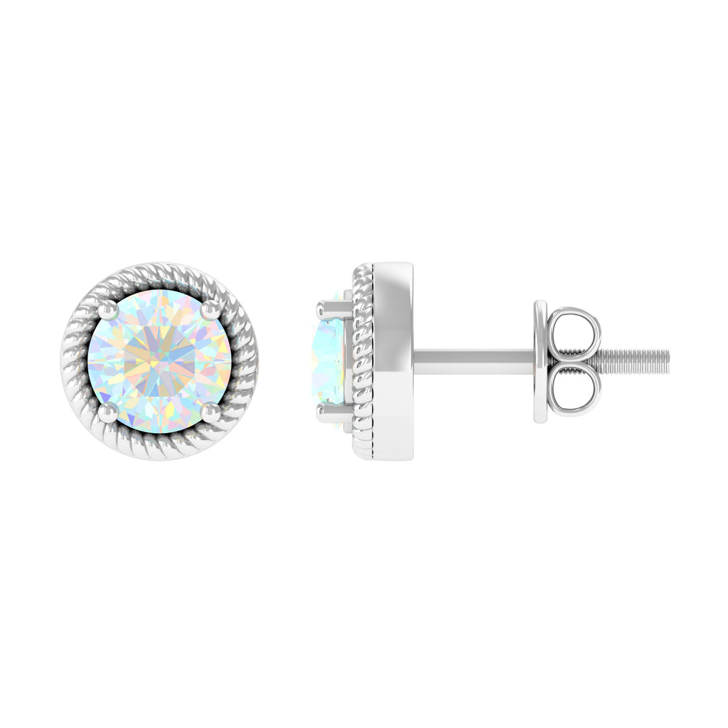 Rope Frame Round Shape Ethiopian Opal Solitaire Stud Earrings in 4 Prong Setting Ethiopian Opal - ( AAA ) - Quality - Rosec Jewels