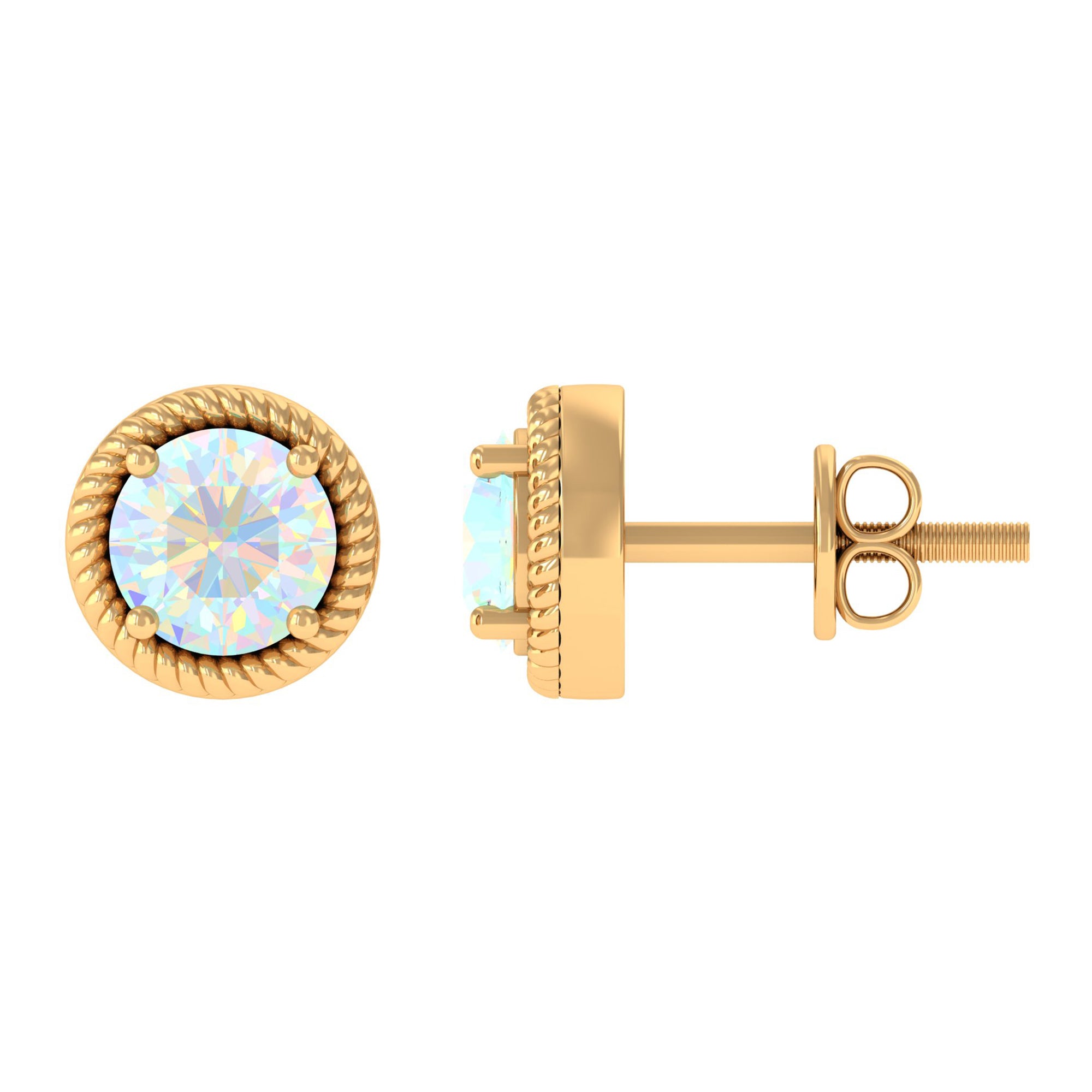 Rope Frame Round Shape Ethiopian Opal Solitaire Stud Earrings in 4 Prong Setting Ethiopian Opal - ( AAA ) - Quality - Rosec Jewels
