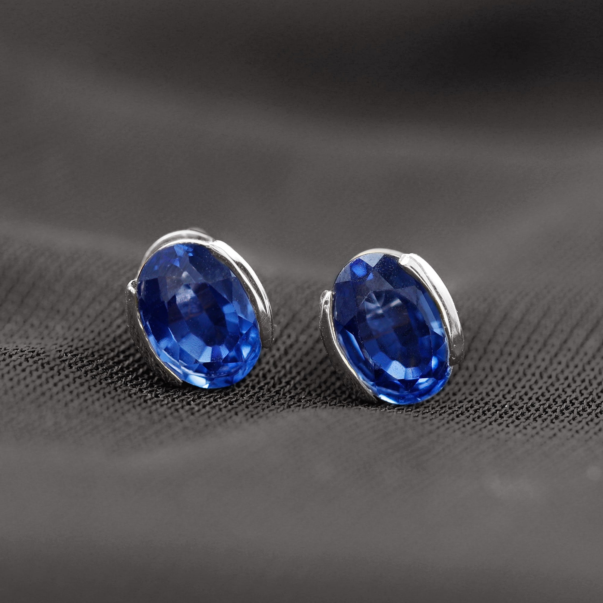 5X7 MM Oval Cut Created Blue Sapphire Solitaire Stud Earrings Lab Created Blue Sapphire - ( AAAA ) - Quality - Rosec Jewels