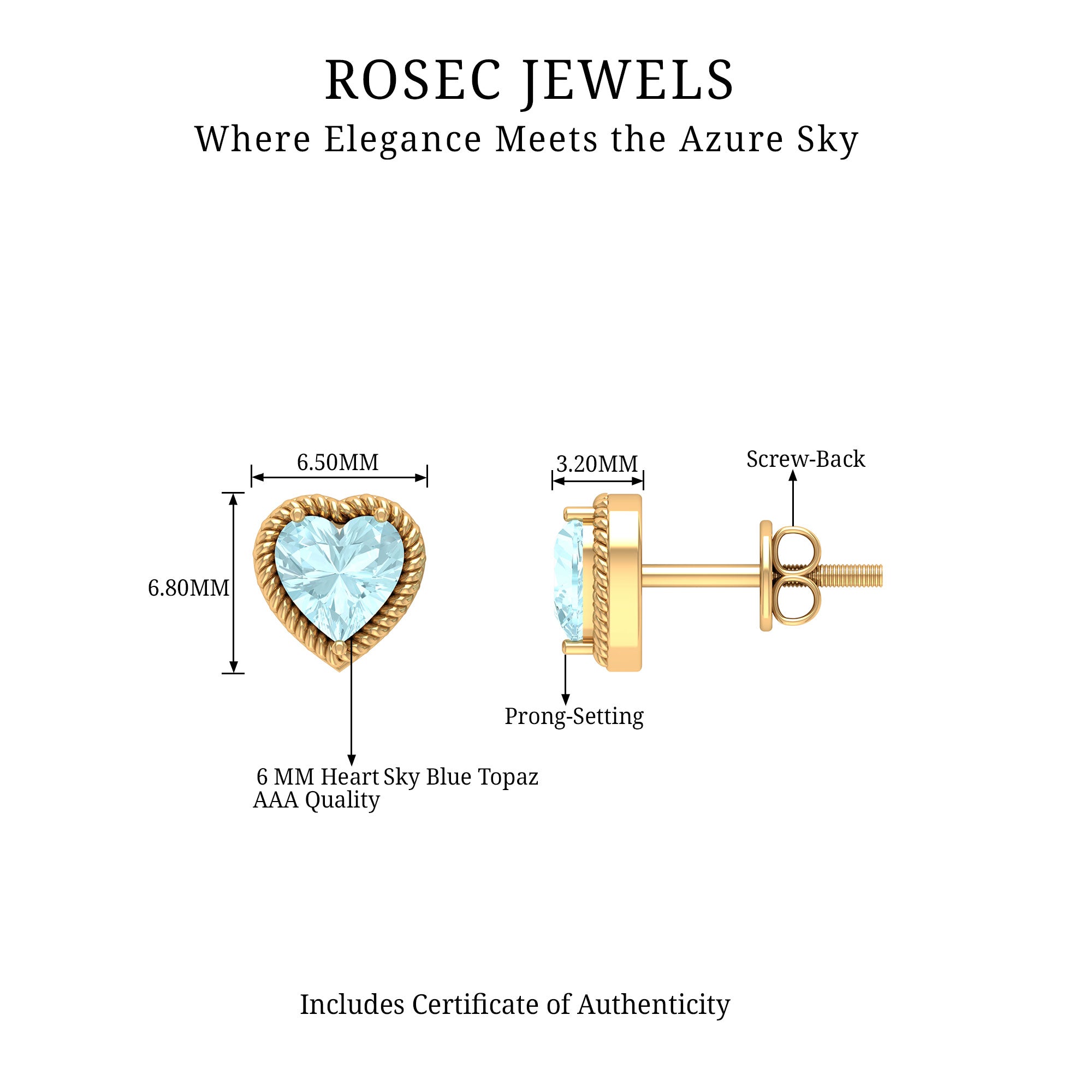 Heart Shape Sky Blue Topaz Solitaire Stud earrings with Twisted Rope Frame Sky Blue Topaz - ( AAA ) - Quality - Rosec Jewels