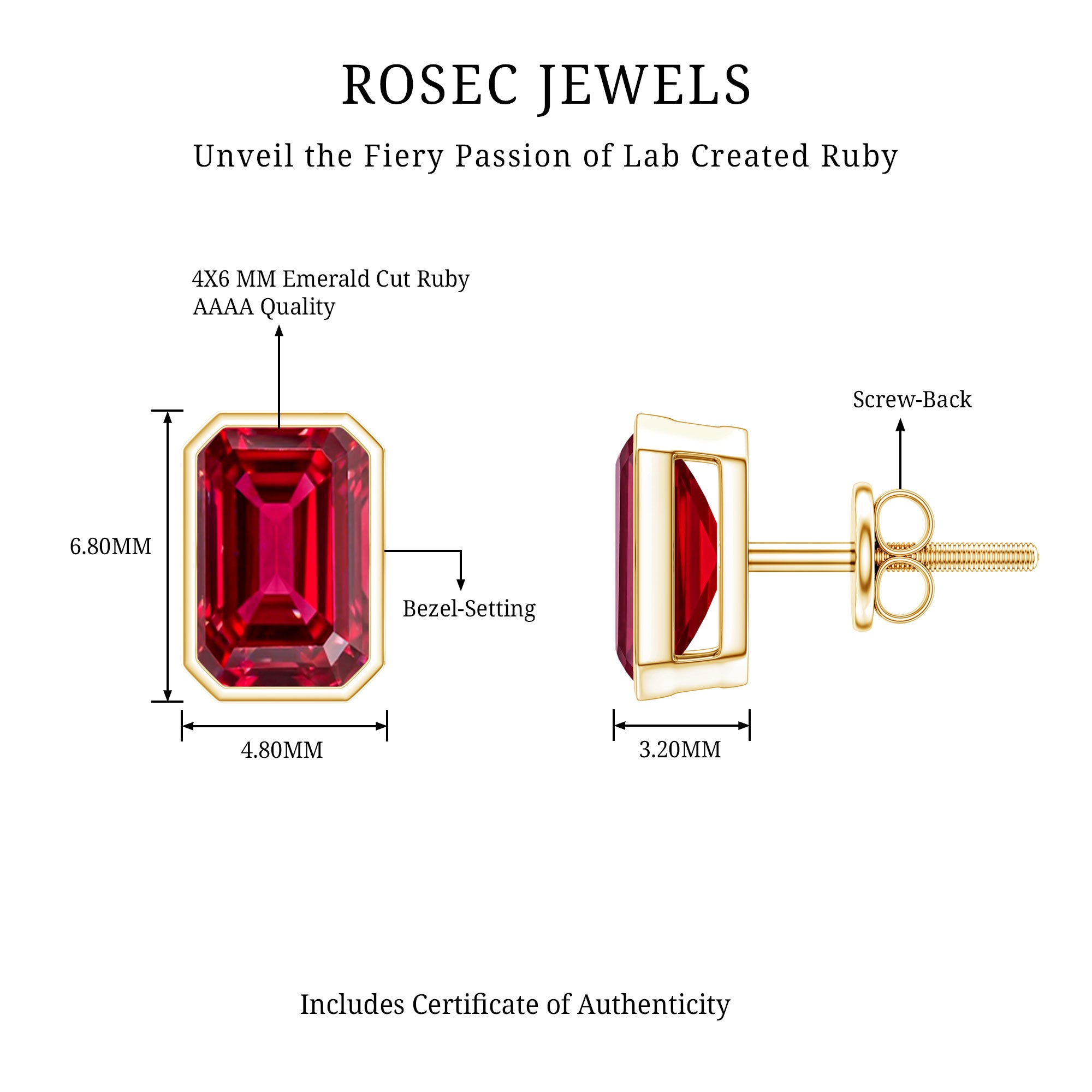 1.5 Carat Emerald Cut Lab Grown Ruby Stud Earrings in Bezel Set AAAA 14K Yellow Gold Plated Silver - Rosec Jewels