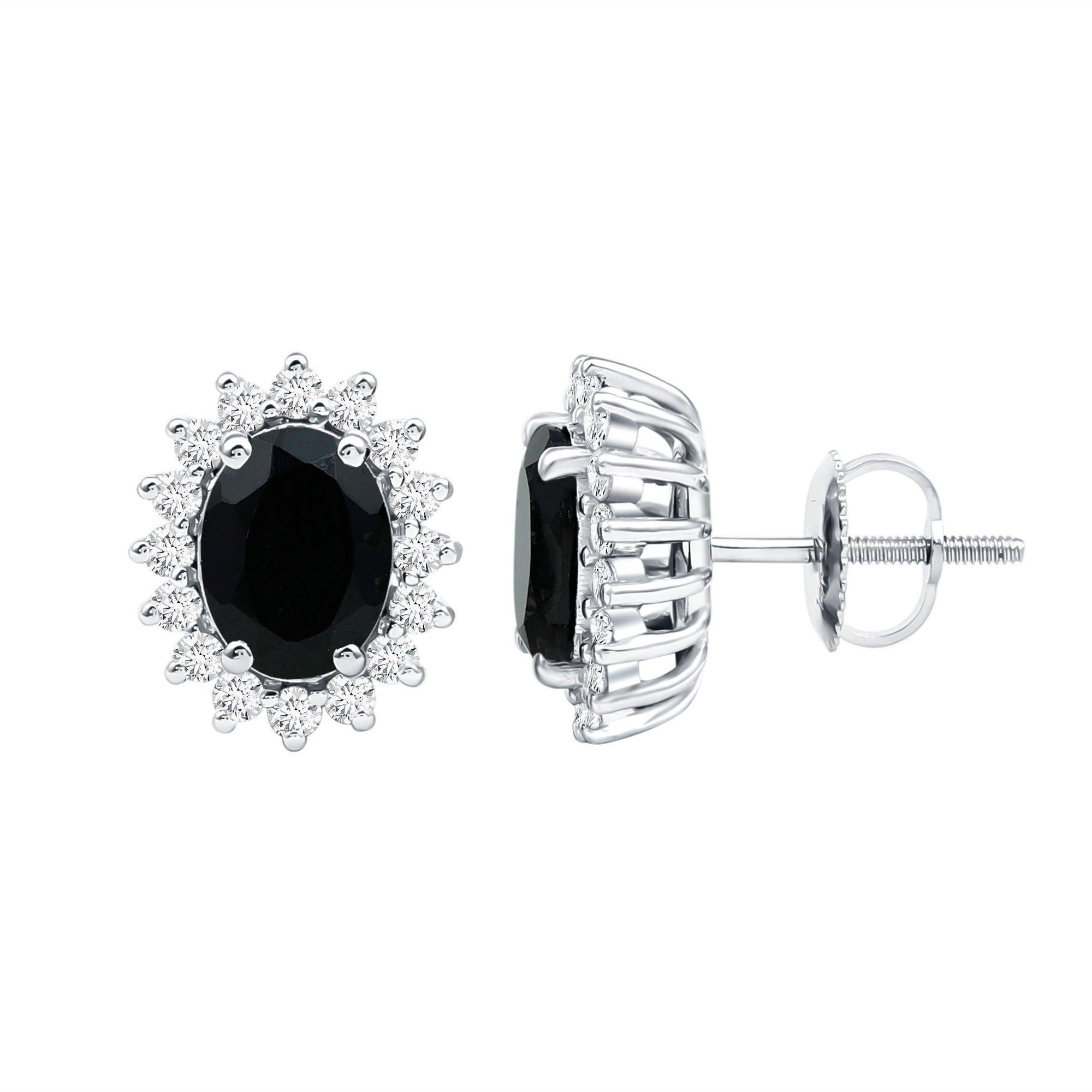 Real 2 Carat Oval Black Onyx Stud Earrings with Moissanite Halo AAA 92.5 Sterling Silver - Rosec Jewels