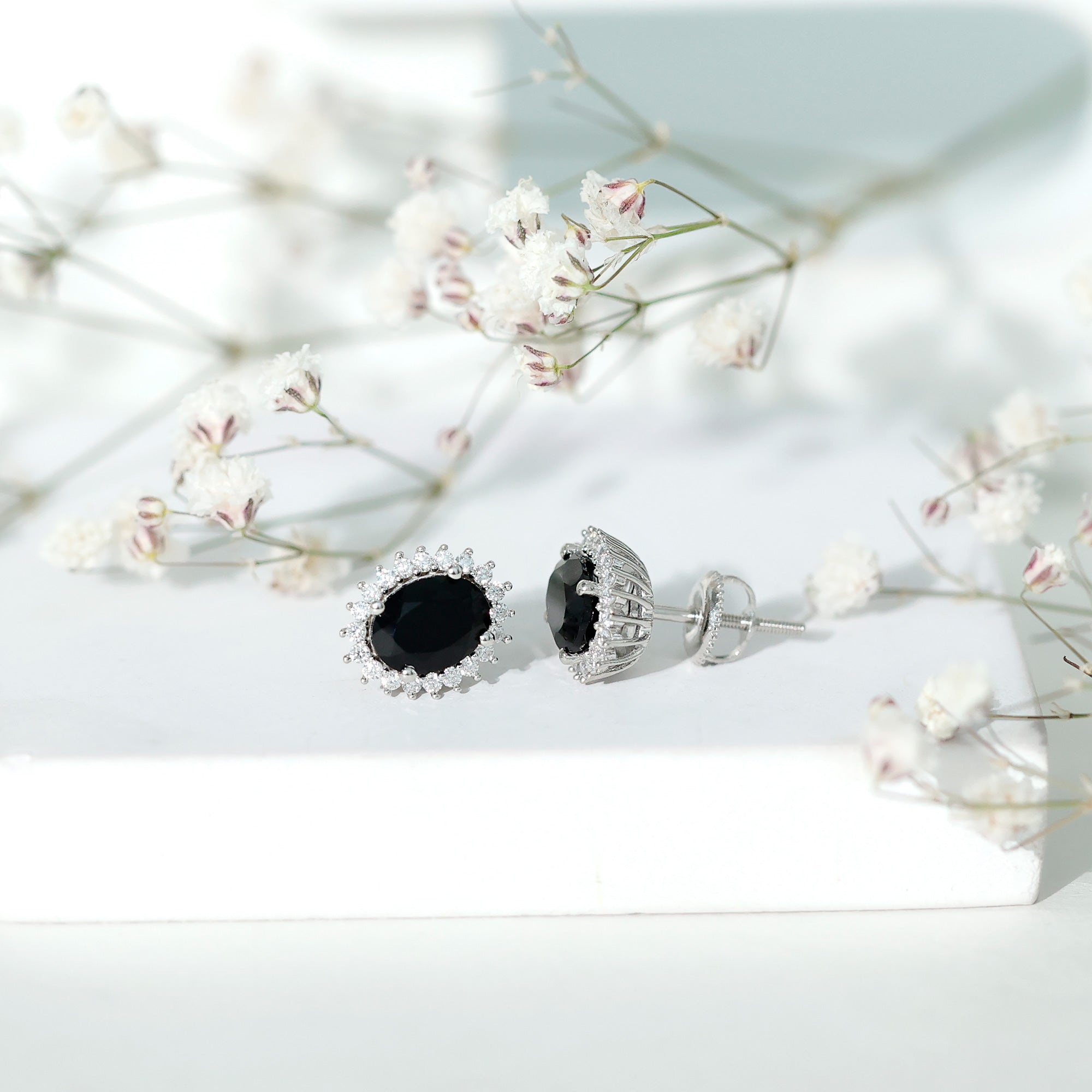 Real 2 Carat Oval Black Onyx Stud Earrings with Moissanite Halo AAA 92.5 Sterling Silver - Rosec Jewels