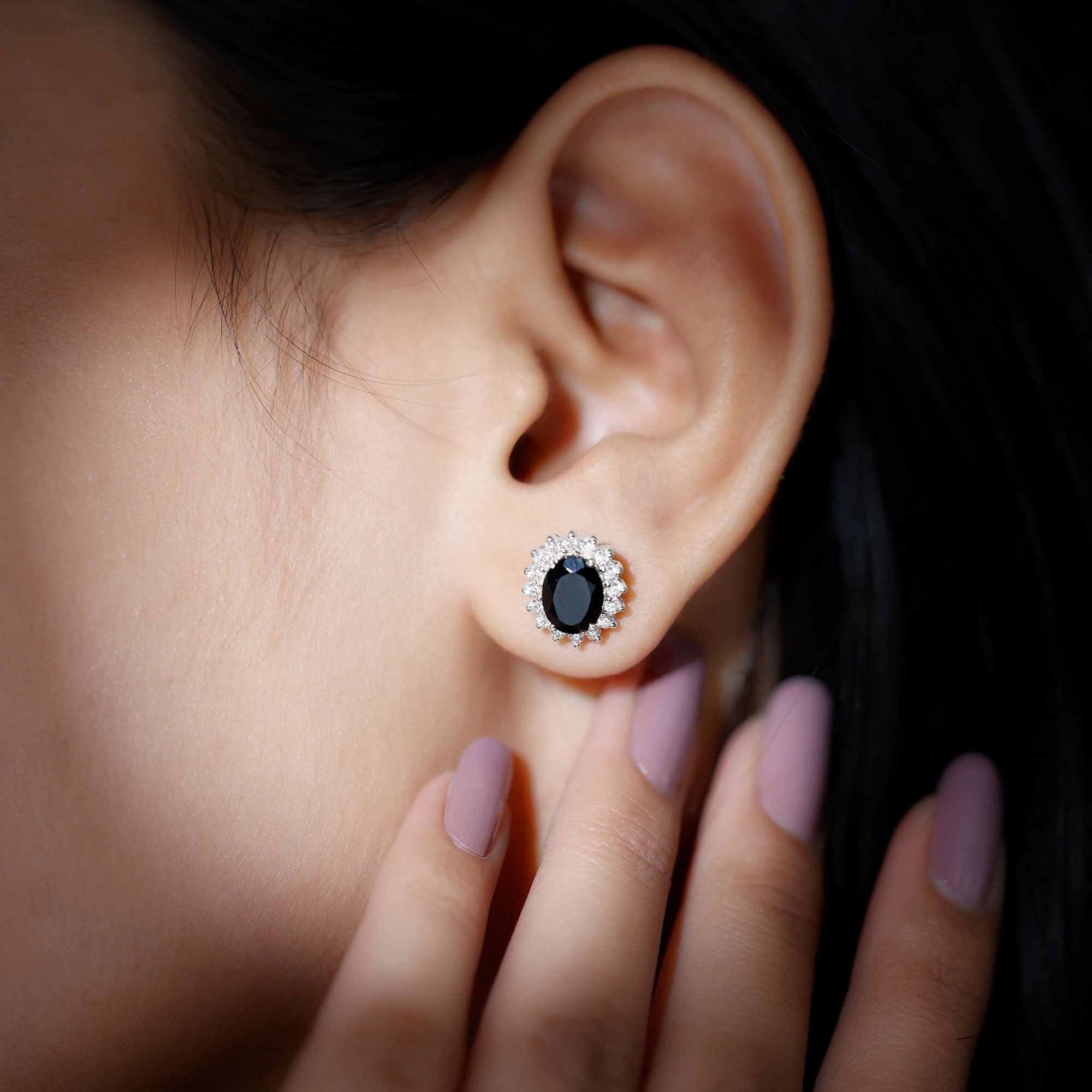 Real 2 Carat Oval Black Onyx Stud Earrings with Moissanite Halo AAA 92.5 Sterling Silver - Rosec Jewels