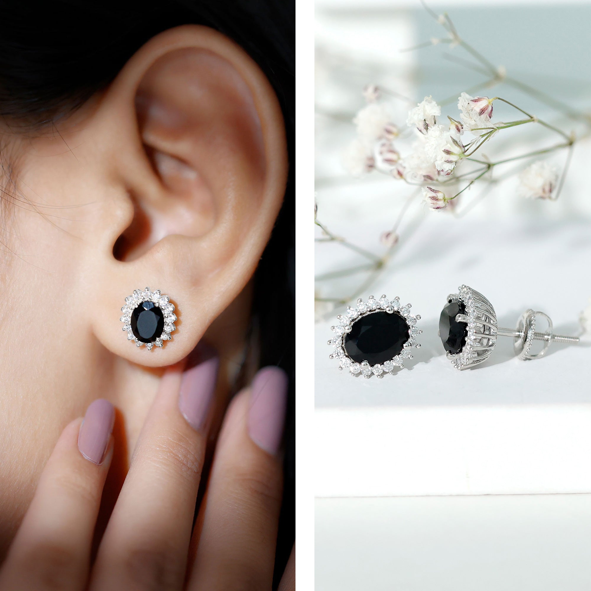 Real 2 Carat Oval Black Onyx Stud Earrings with Moissanite Halo AAA 92.5 Sterling Silver - Rosec Jewels